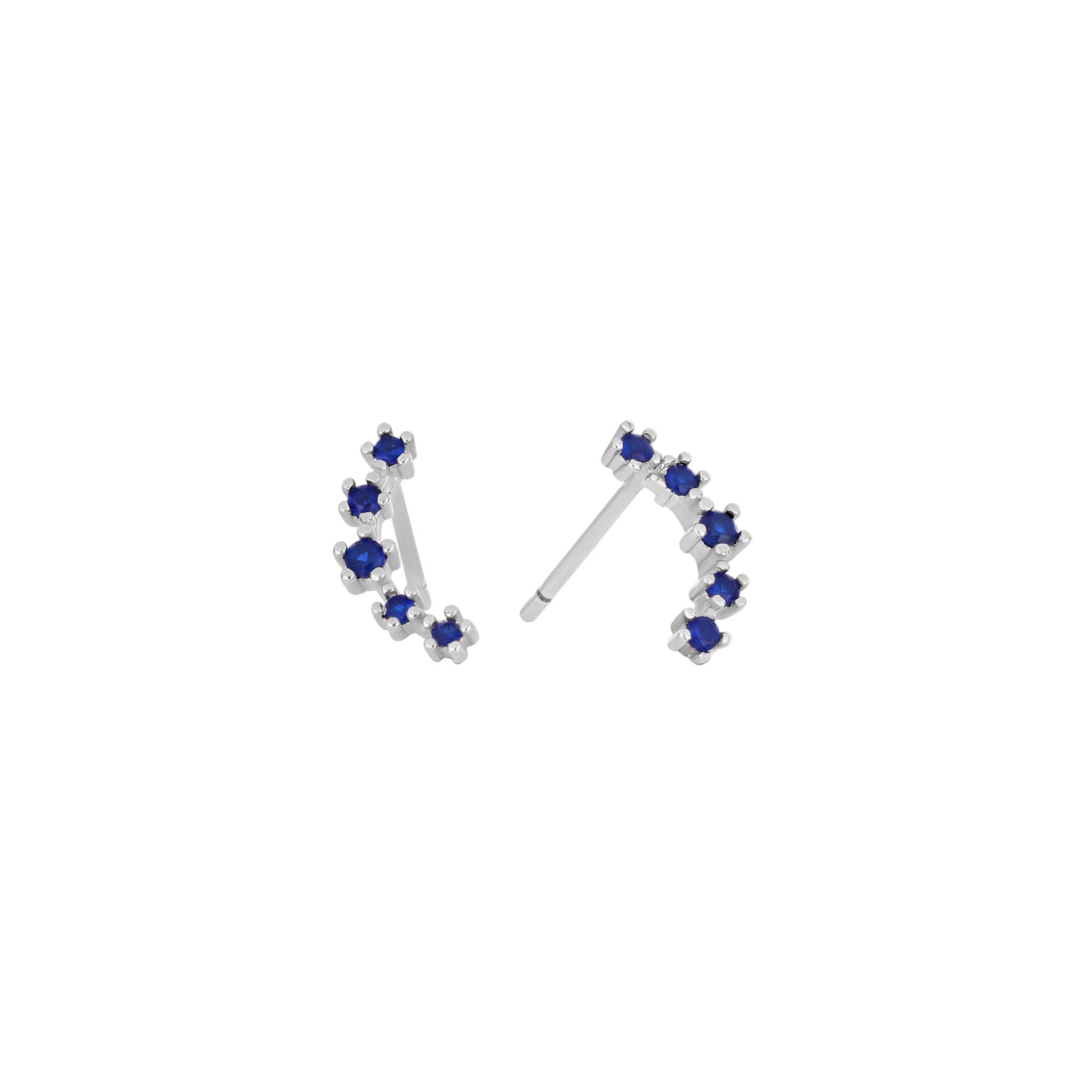 Pair of silver earrings with blue gemstones on a white background