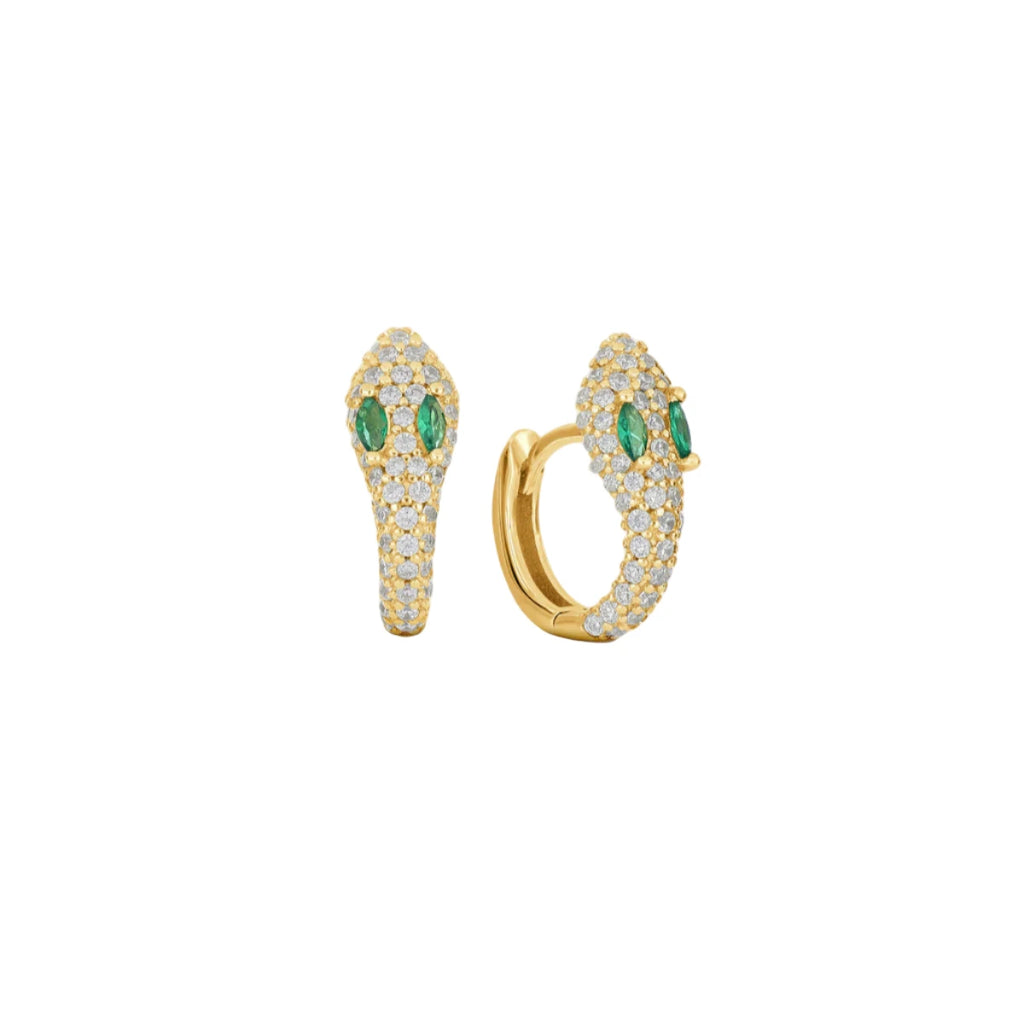 Gold hoop earrings with green gemstones on a white background