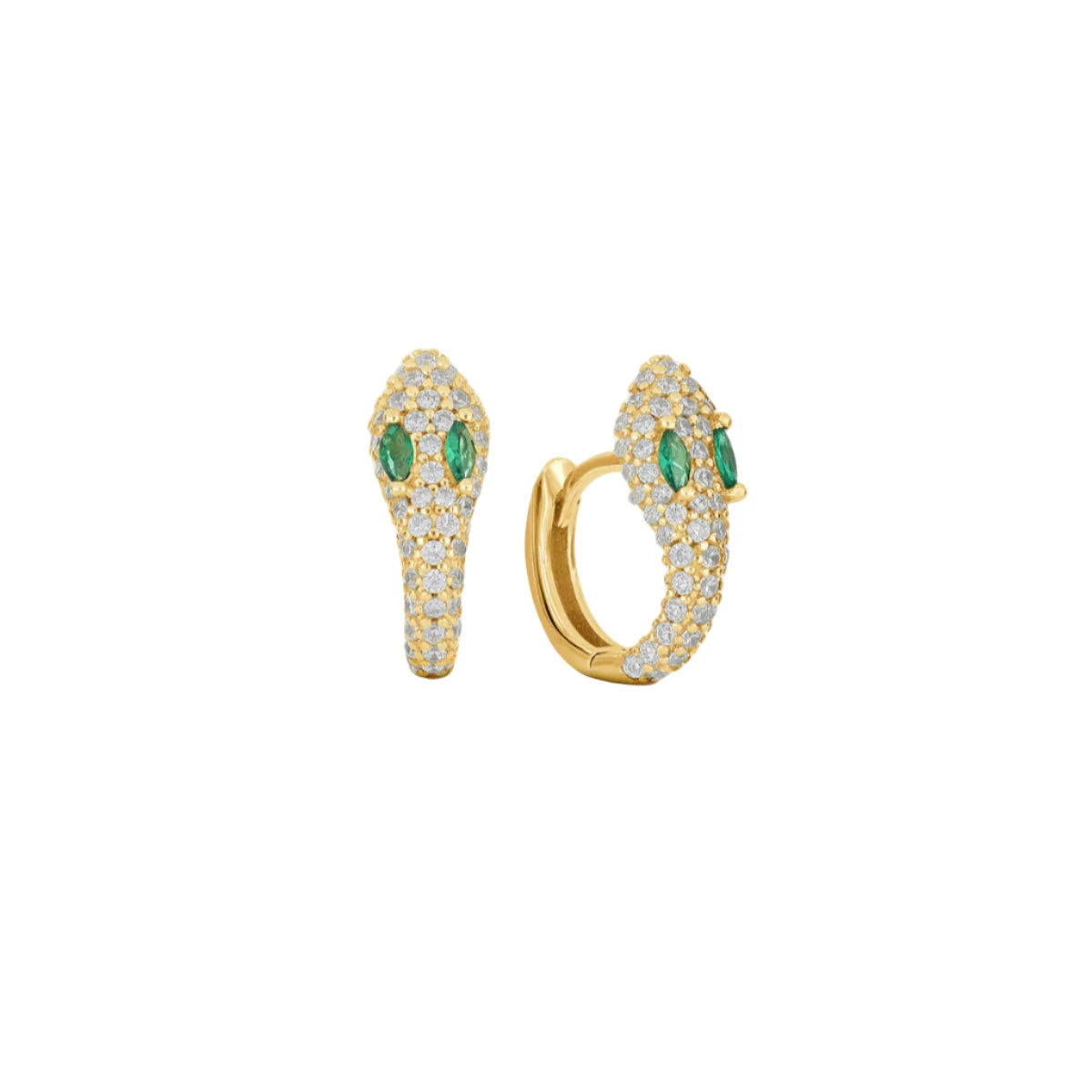 Gold hoop earrings with green gemstones on a white background