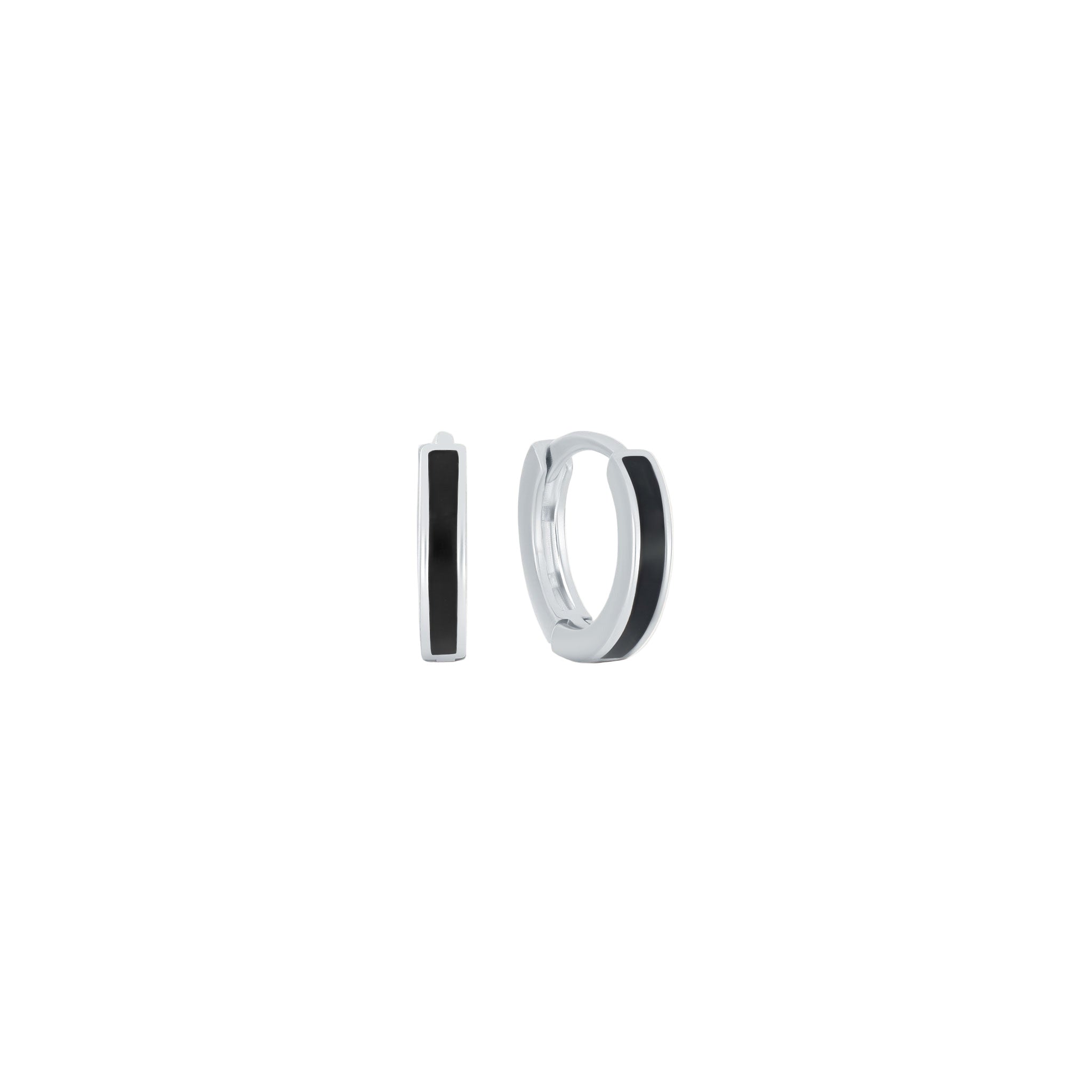 Pair of silver hoop earrings with black accents on a white background