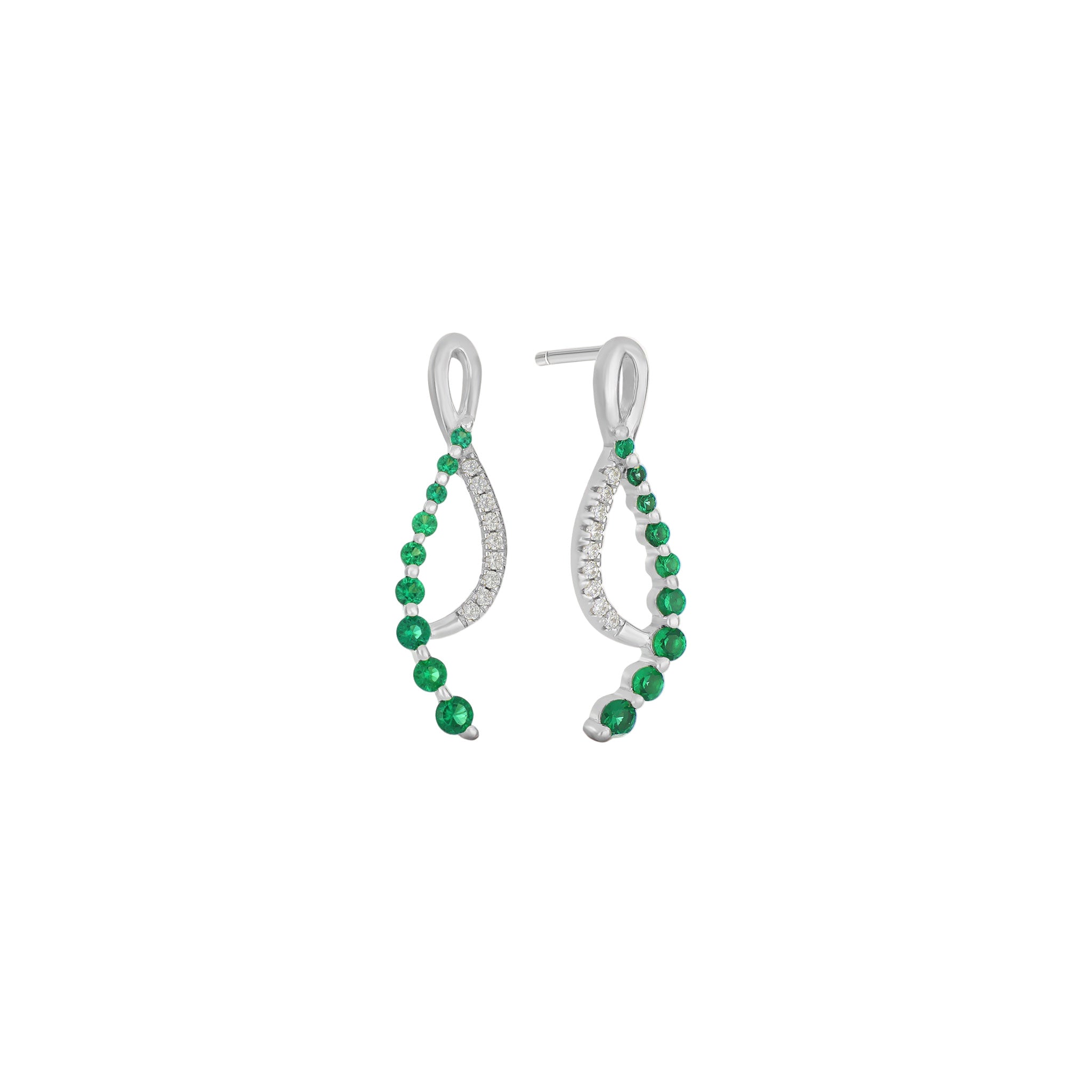 Pair of silver earrings with green gemstones on a white background