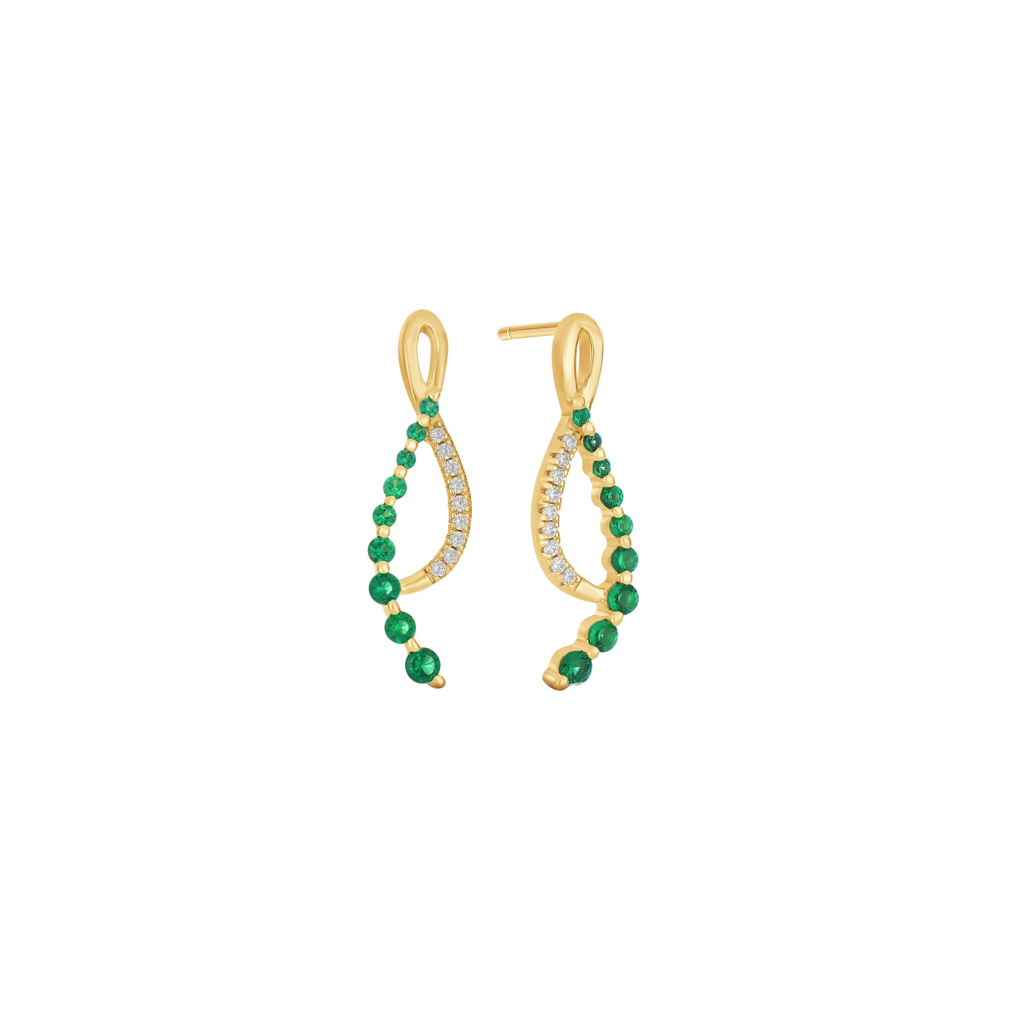 Gold earrings with green gemstones on a white background