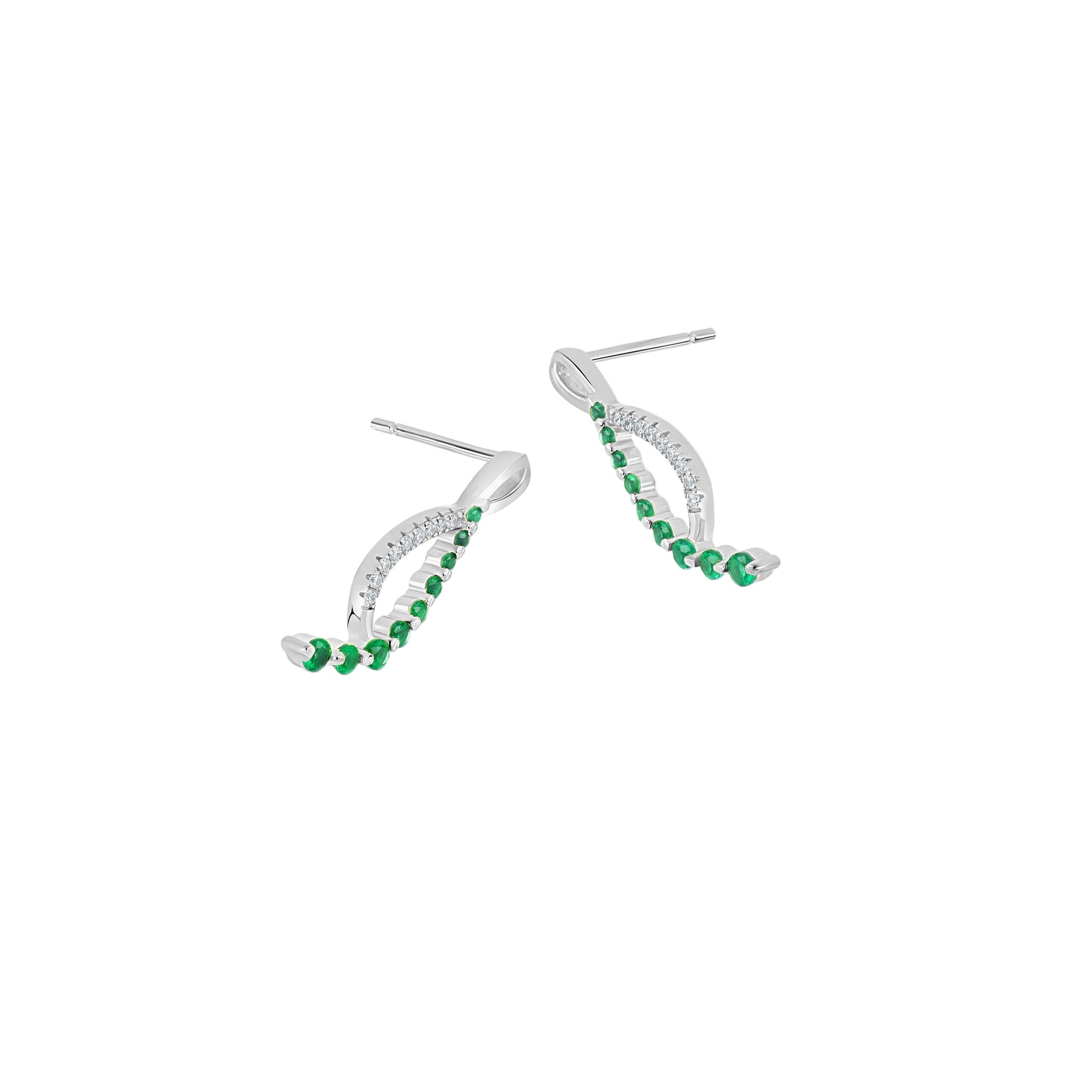 Pair of silver earrings with green gemstones on a white background