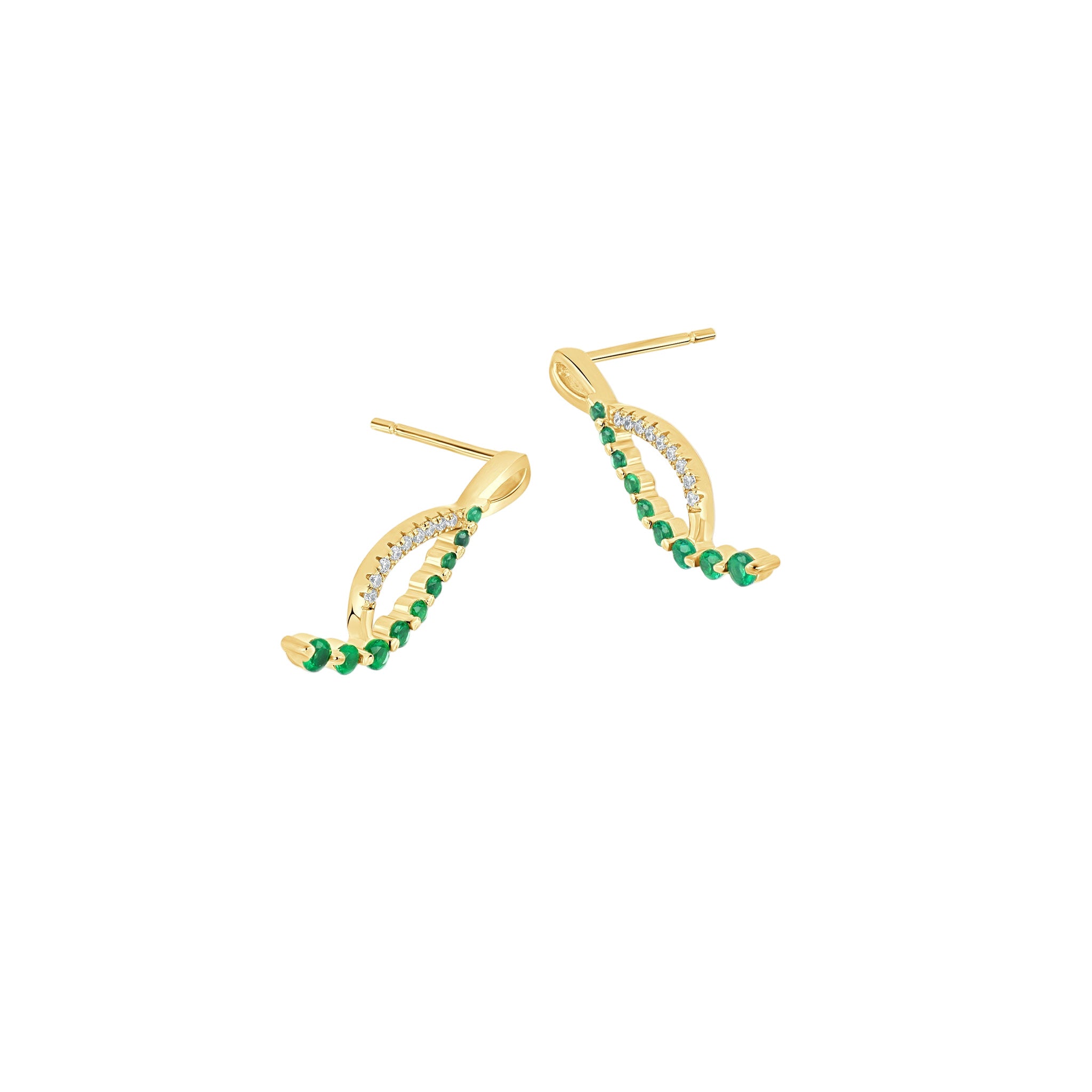 Gold earrings with green gemstones on a white background
