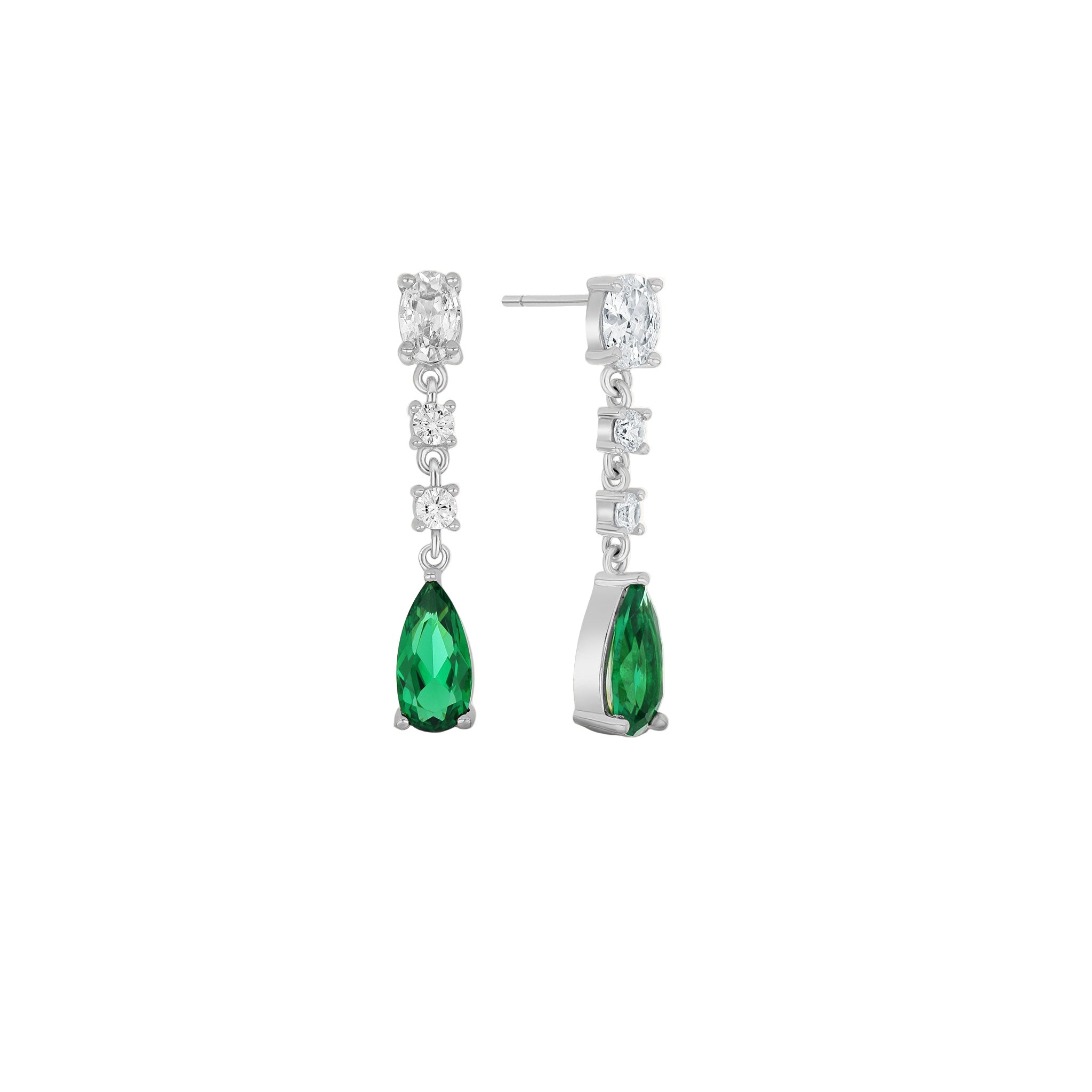 Pair of emerald green teardrop earrings with diamond-like stones on a white background