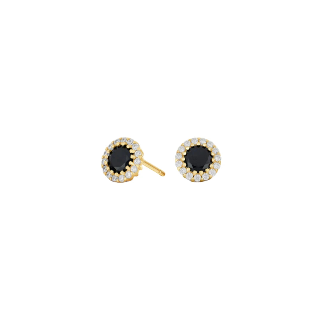 Pair of earrings with black gemstones and gold accents on a white background
