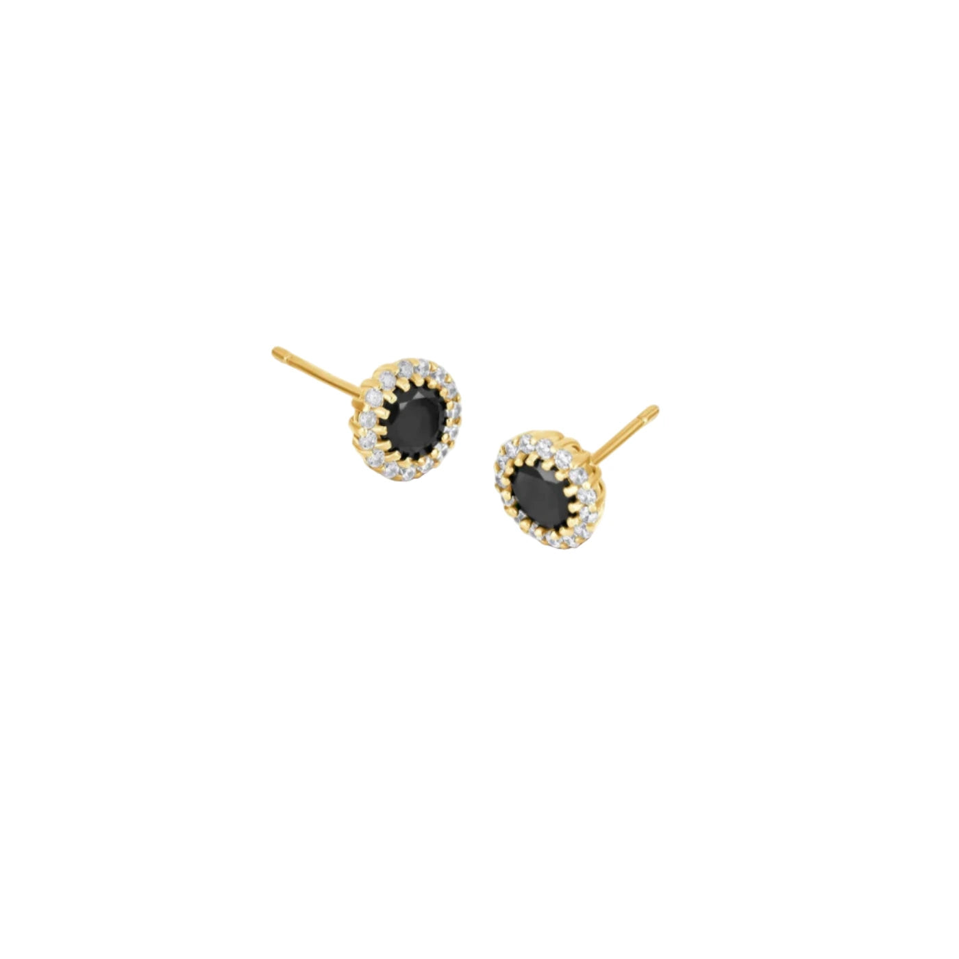 Gold and black stud earrings on a white background