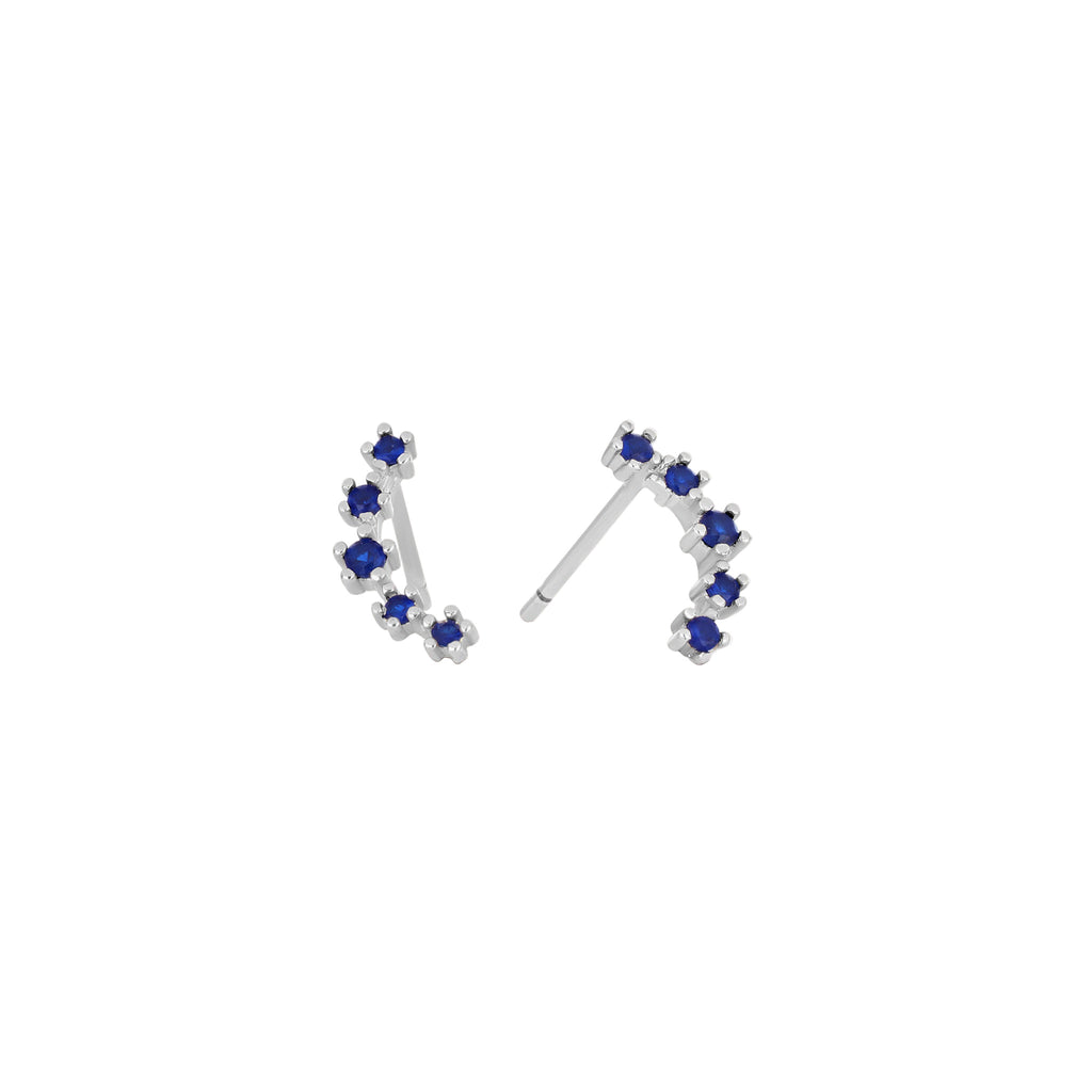Pair of silver earrings with blue gemstones on a white background