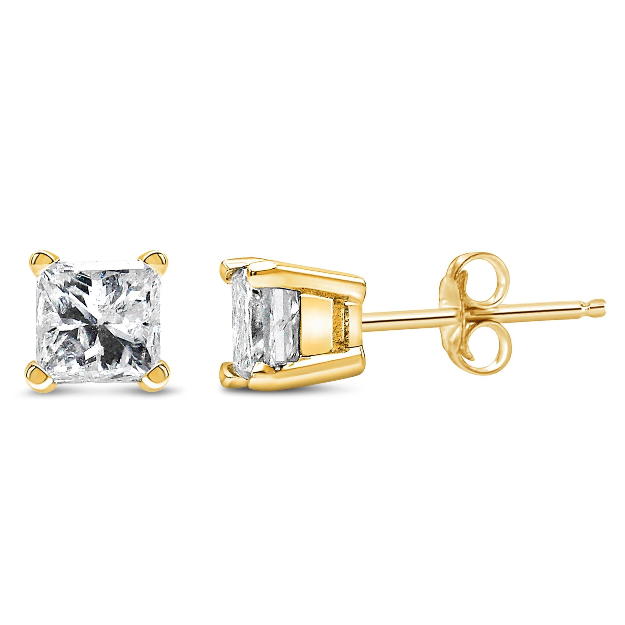 AGS Certified 1/4 cttw 4-Prong Set Princess-Cut Solitaire Diamond Push Back Stud Earrings (F-G Color, SI2-I1 Clarity) 14k Yellow Gold