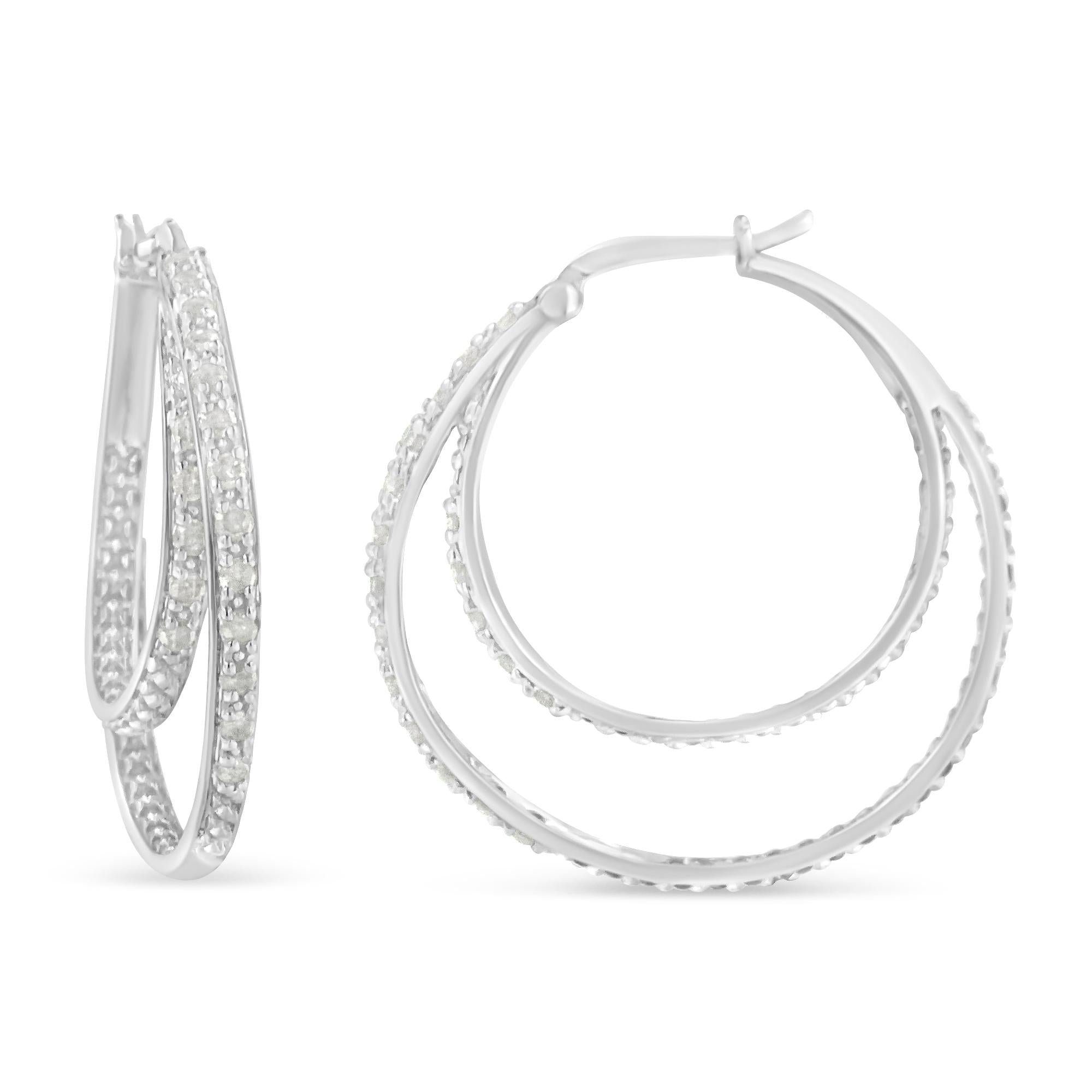1/2 cttw Miracle-Set Diamond Double Hoop with Latchback Earrings (I-J Color, I3 Clarity) .925 Sterling Silver