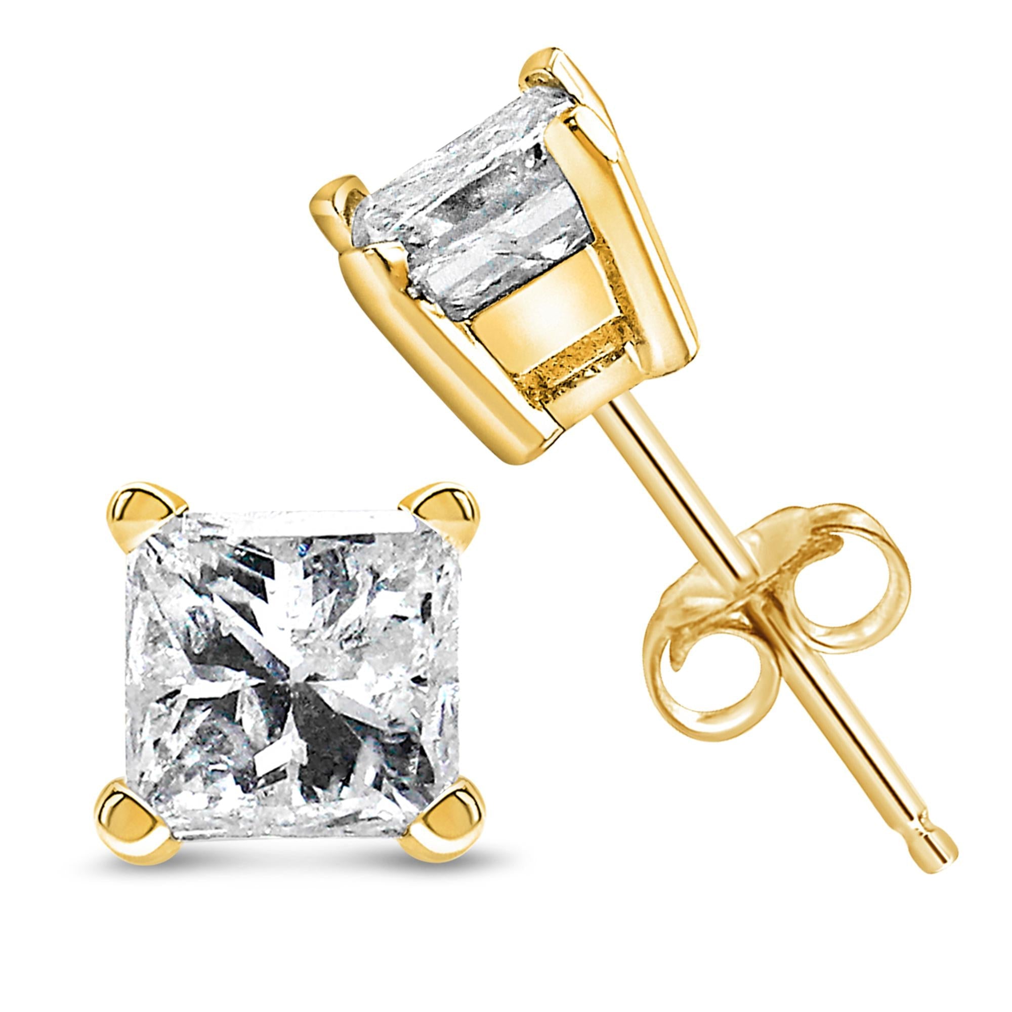 AGS Certified 1/4 cttw 4-Prong Set Princess-Cut Solitaire Diamond Push Back Stud Earrings (F-G Color, SI2-I1 Clarity) 14k Yellow Gold