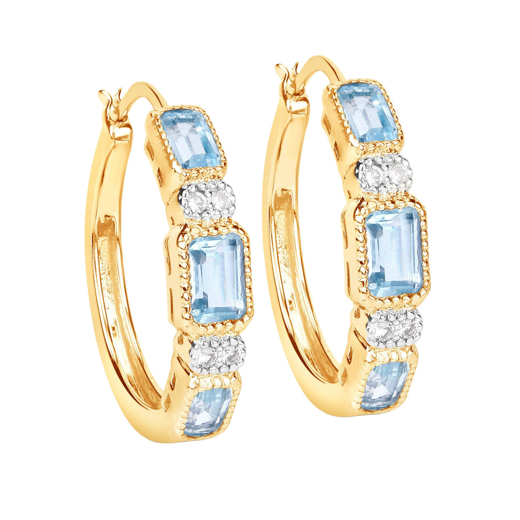Ice Glow Gold Hoop Earrings - 2.66 Carat Genuine Blue Topaz and White Topaz - 14K Yellow Gold Plated .925 Sterling Silver Earrings