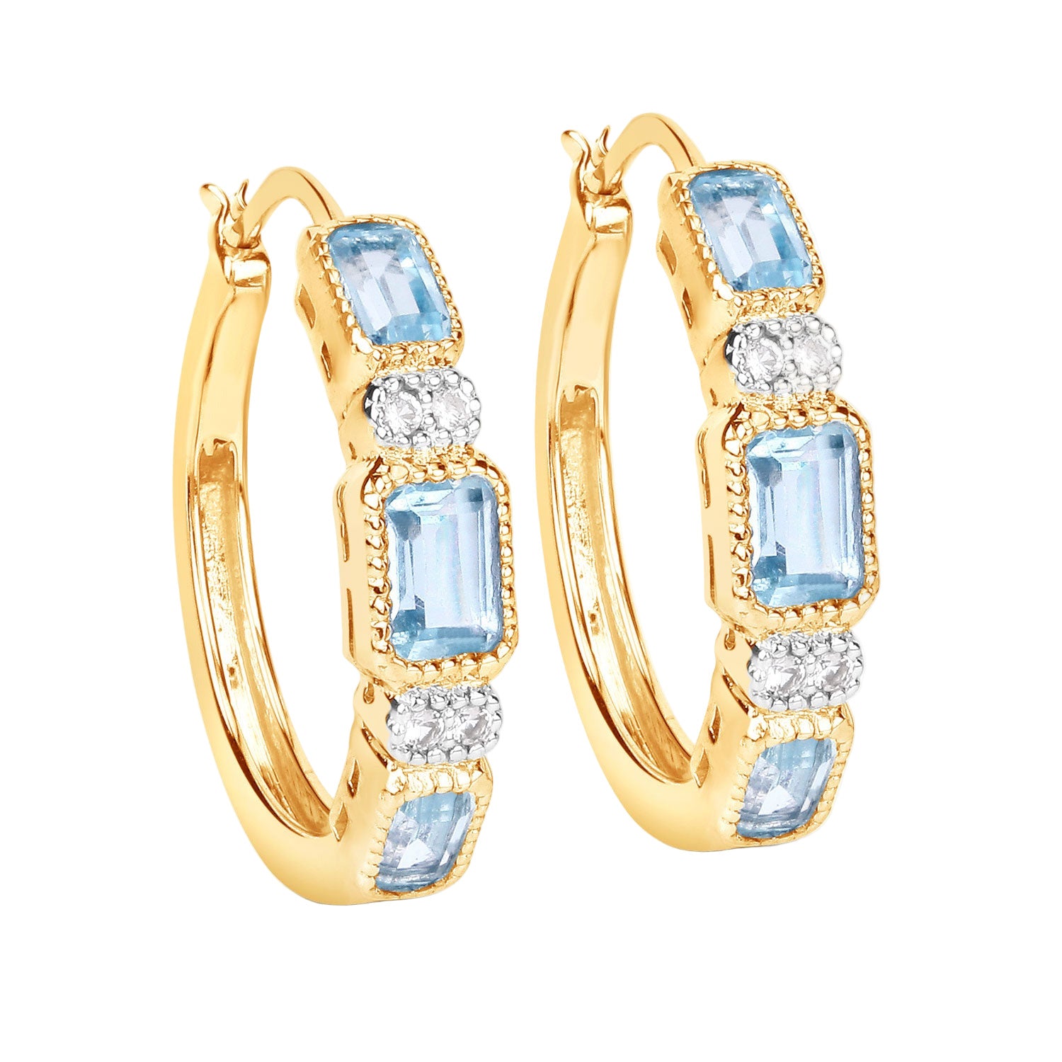 Ice Glow Gold Hoop Earrings - 2.66 Carat Genuine Blue Topaz and White Topaz - 14K Yellow Gold Plated .925 Sterling Silver Earrings