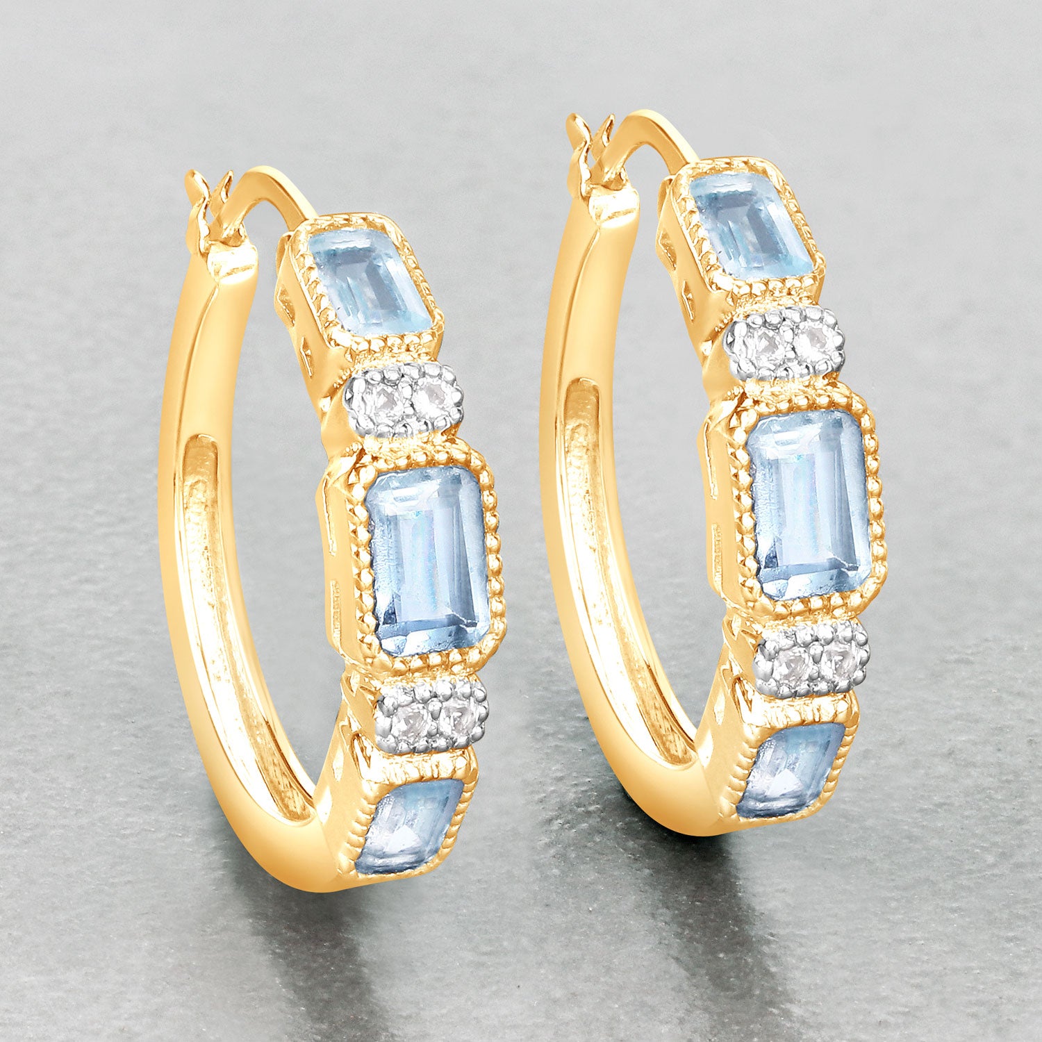 Ice Glow Gold Hoop Earrings - 2.66 Carat Genuine Blue Topaz and White Topaz - 14K Yellow Gold Plated .925 Sterling Silver Earrings