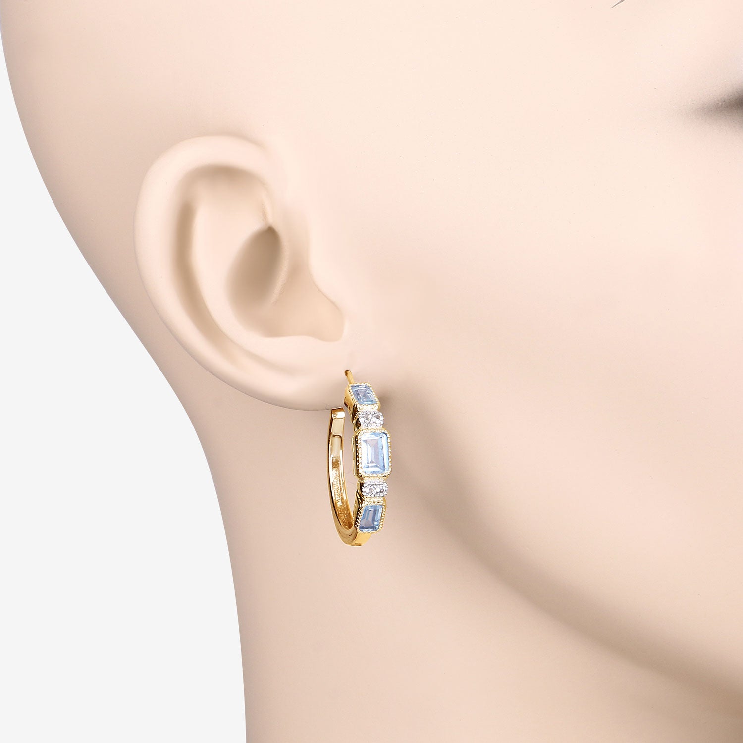 Ice Glow Gold Hoop Earrings - 2.66 Carat Genuine Blue Topaz and White Topaz - 14K Yellow Gold Plated .925 Sterling Silver Earrings