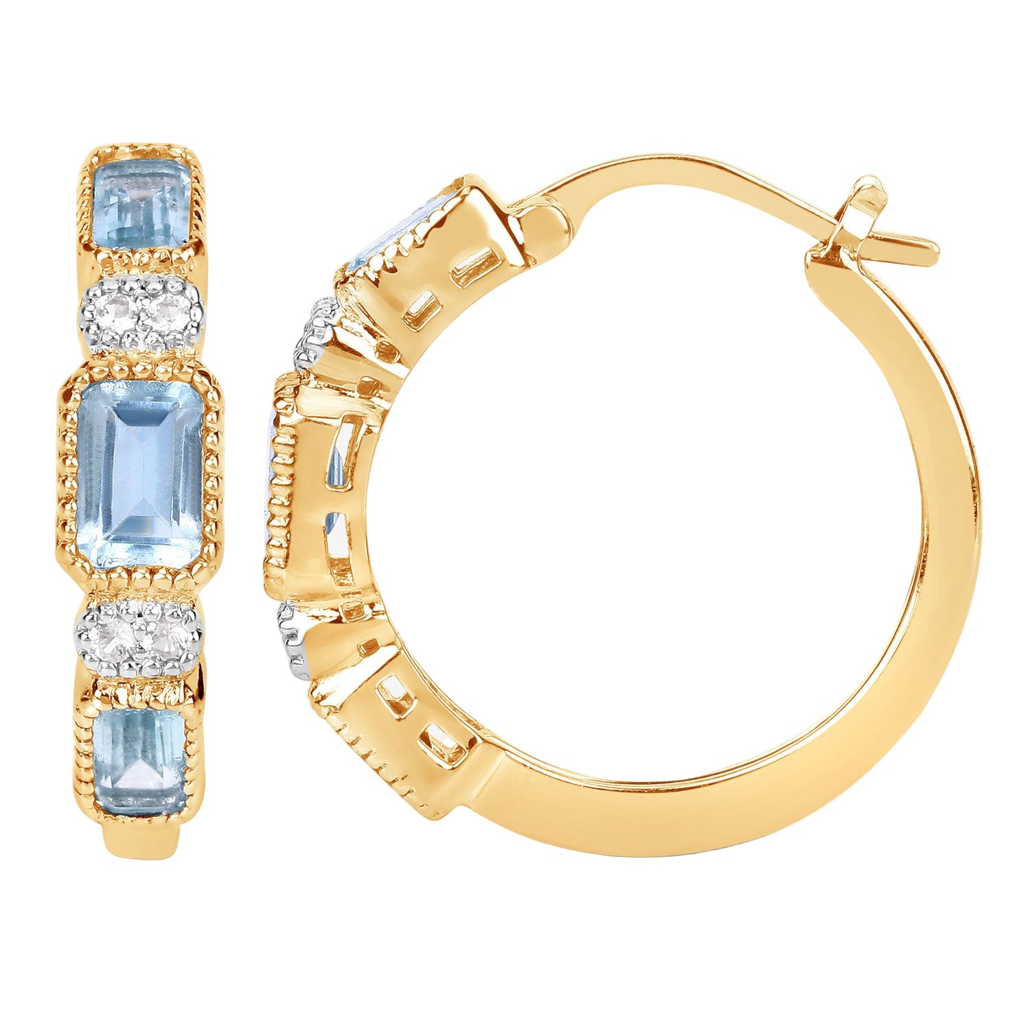 Ice Glow Gold Hoop Earrings - 2.66 Carat Genuine Blue Topaz and White Topaz - 14K Yellow Gold Plated .925 Sterling Silver Earrings