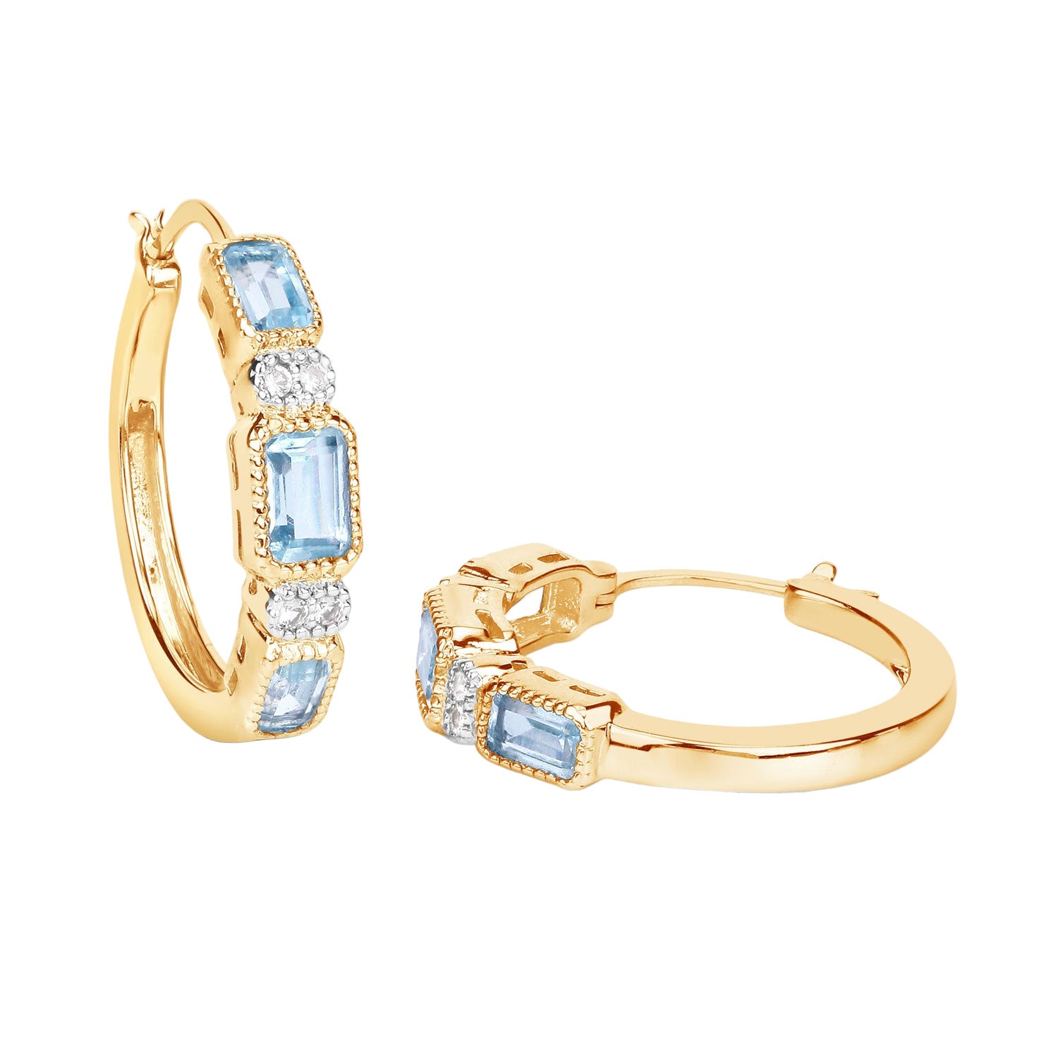 Ice Glow Gold Hoop Earrings - 2.66 Carat Genuine Blue Topaz and White Topaz - 14K Yellow Gold Plated .925 Sterling Silver Earrings