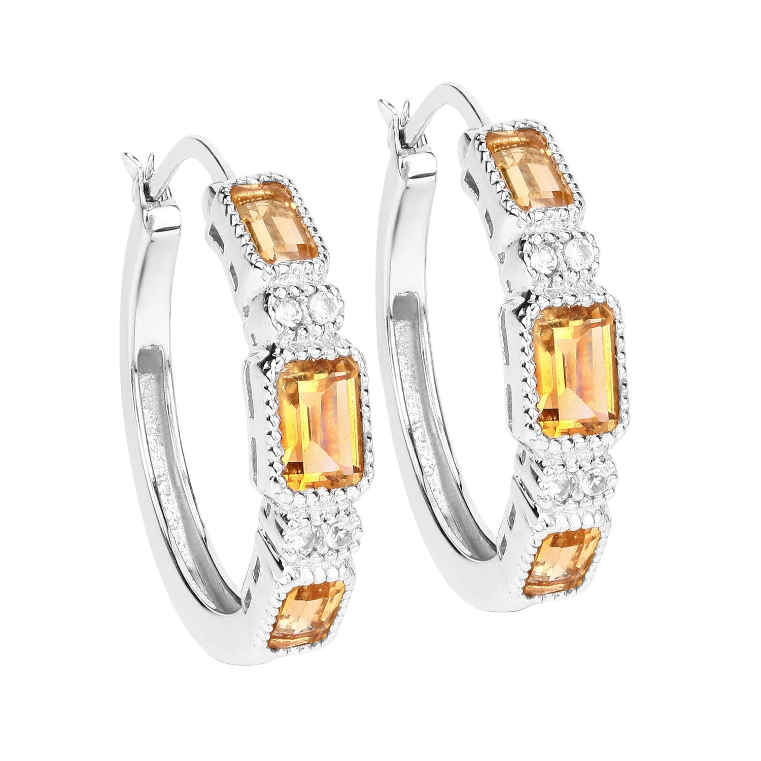 Golden Hour Citrine Hoop Earrings - 2.88 Carat Genuine Citrine and White Topaz .925 Sterling Silver Earrings