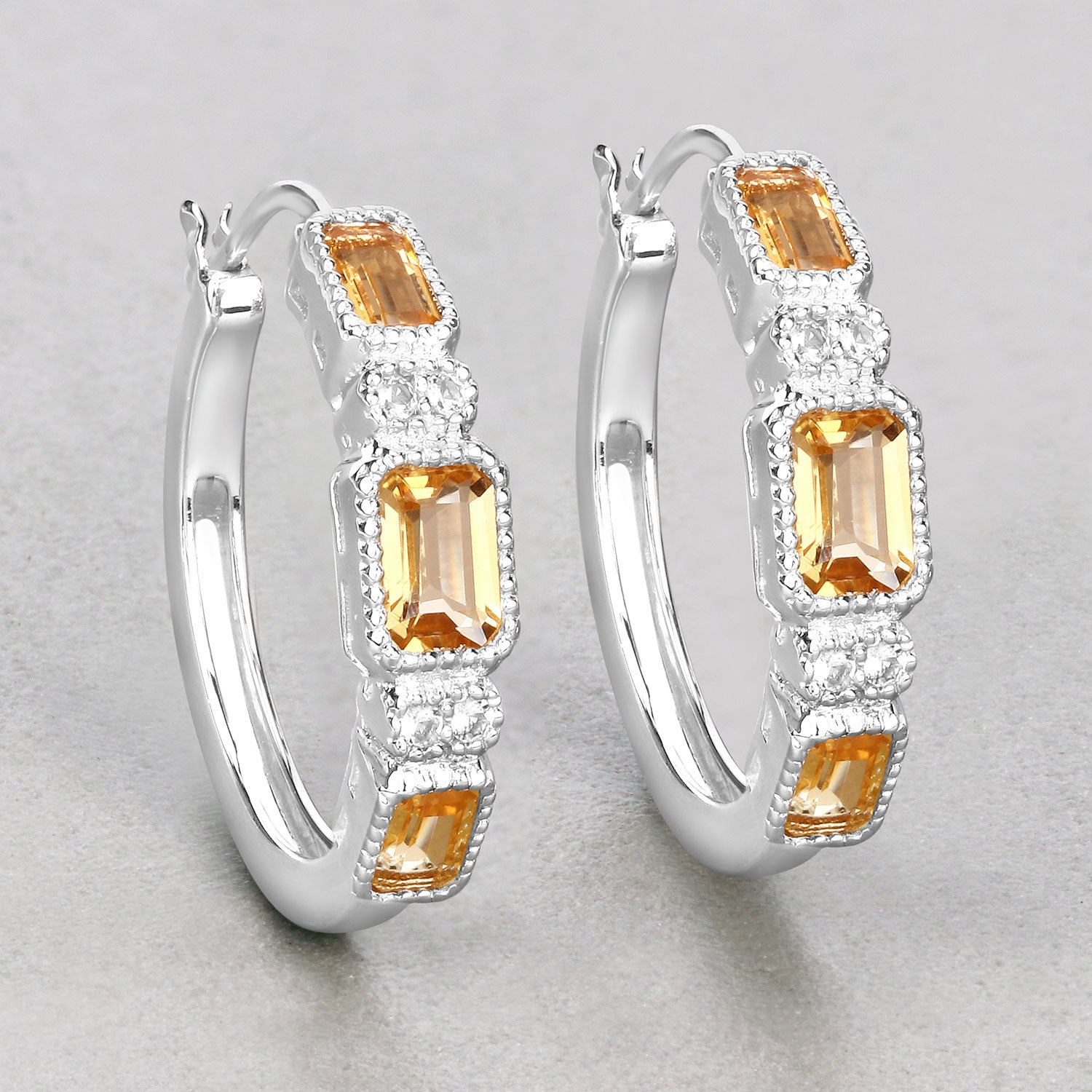 Golden Hour Citrine Hoop Earrings - 2.88 Carat Genuine Citrine and White Topaz .925 Sterling Silver Earrings