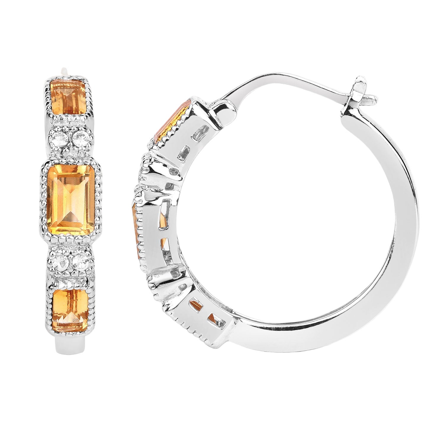 Golden Hour Citrine Hoop Earrings - 2.88 Carat Genuine Citrine and White Topaz .925 Sterling Silver Earrings