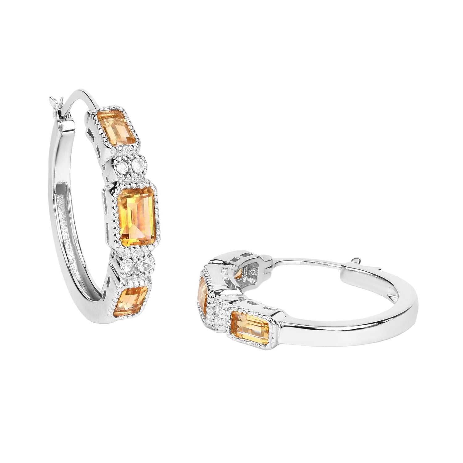 Golden Hour Citrine Hoop Earrings - 2.88 Carat Genuine Citrine and White Topaz .925 Sterling Silver Earrings