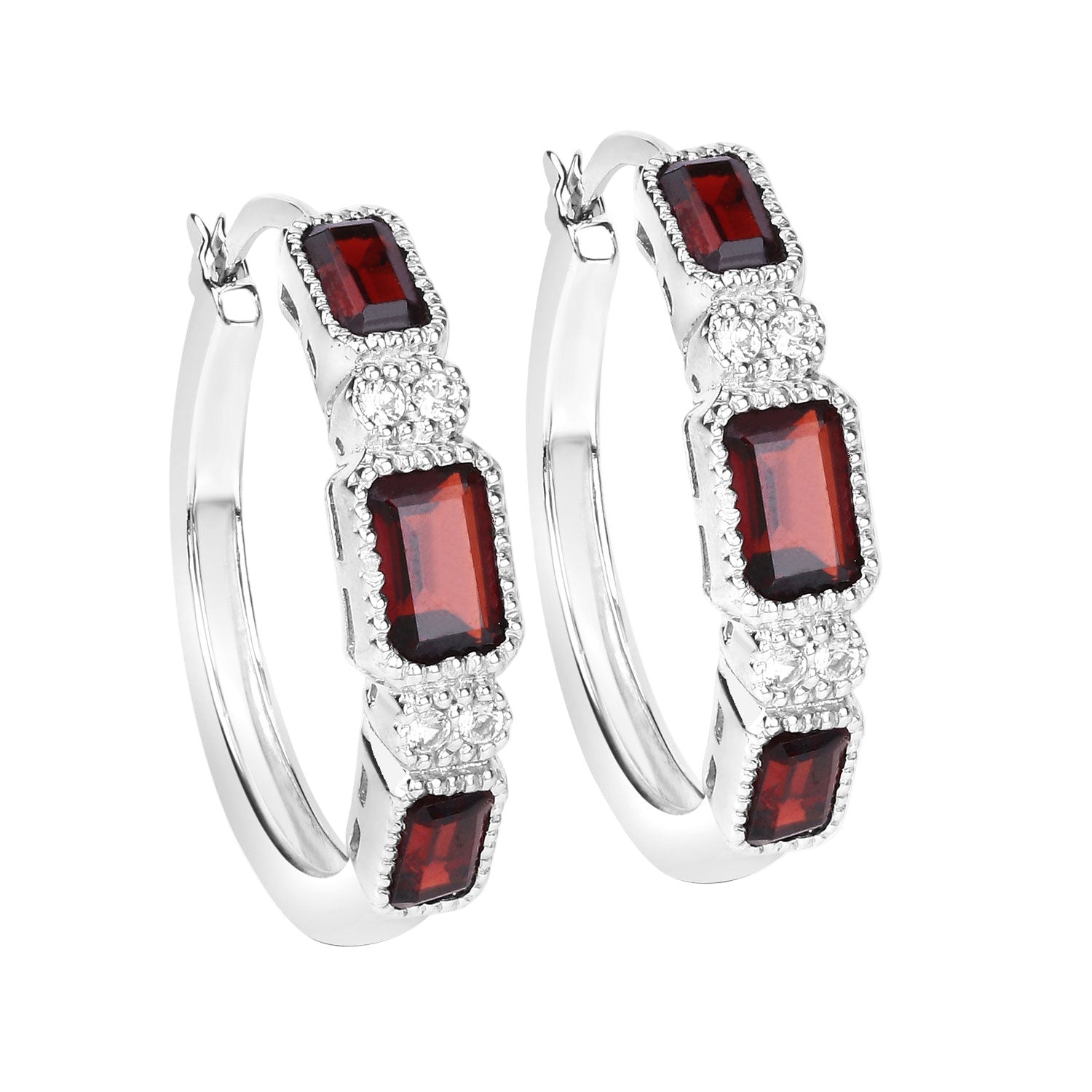 Crimson Luxe Emerald-Cut Hoop Earrings - 2.78 Carat Genuine Garnet and White Topaz - .925 Sterling Silver Earrings