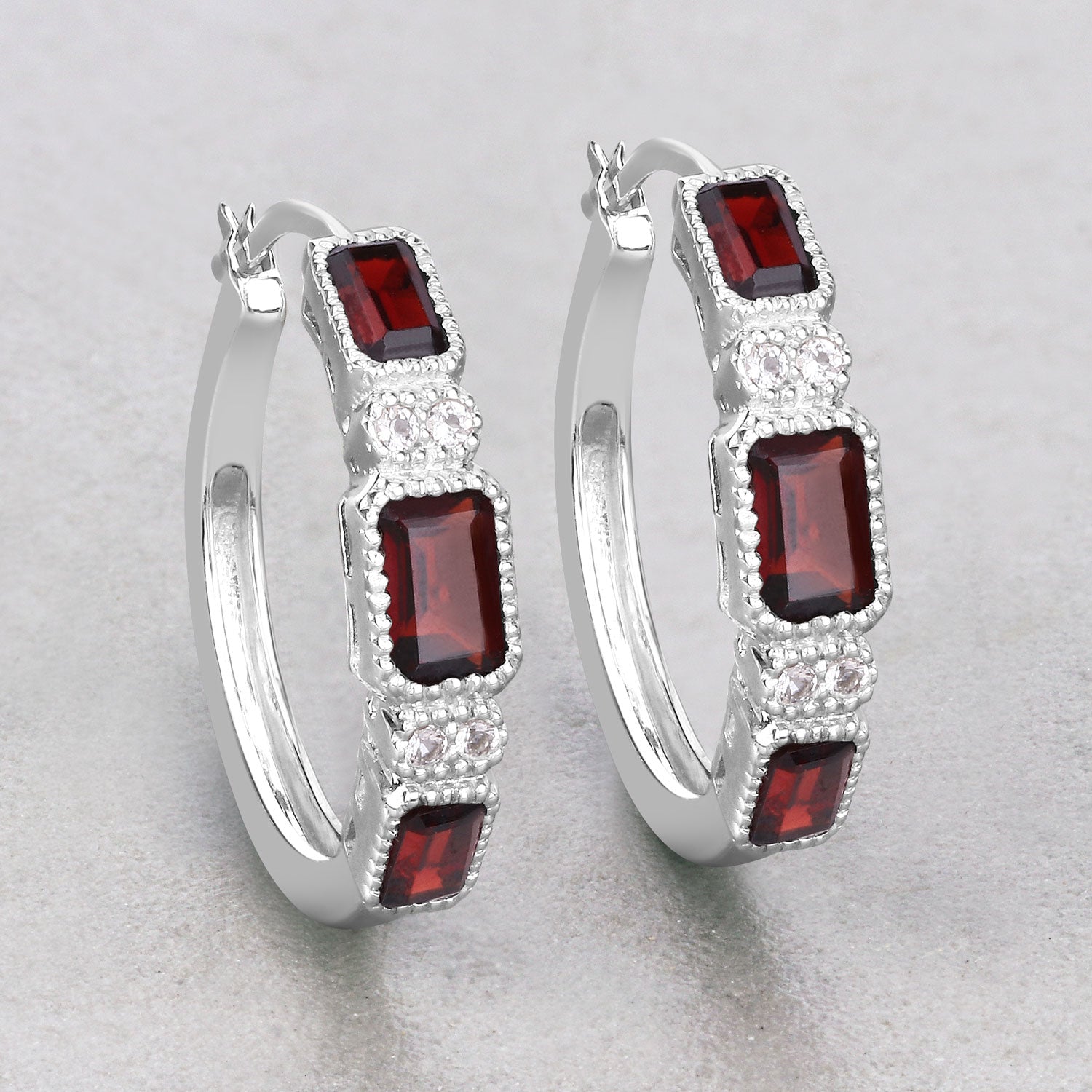 Crimson Luxe Emerald-Cut Hoop Earrings - 2.78 Carat Genuine Garnet and White Topaz - .925 Sterling Silver Earrings