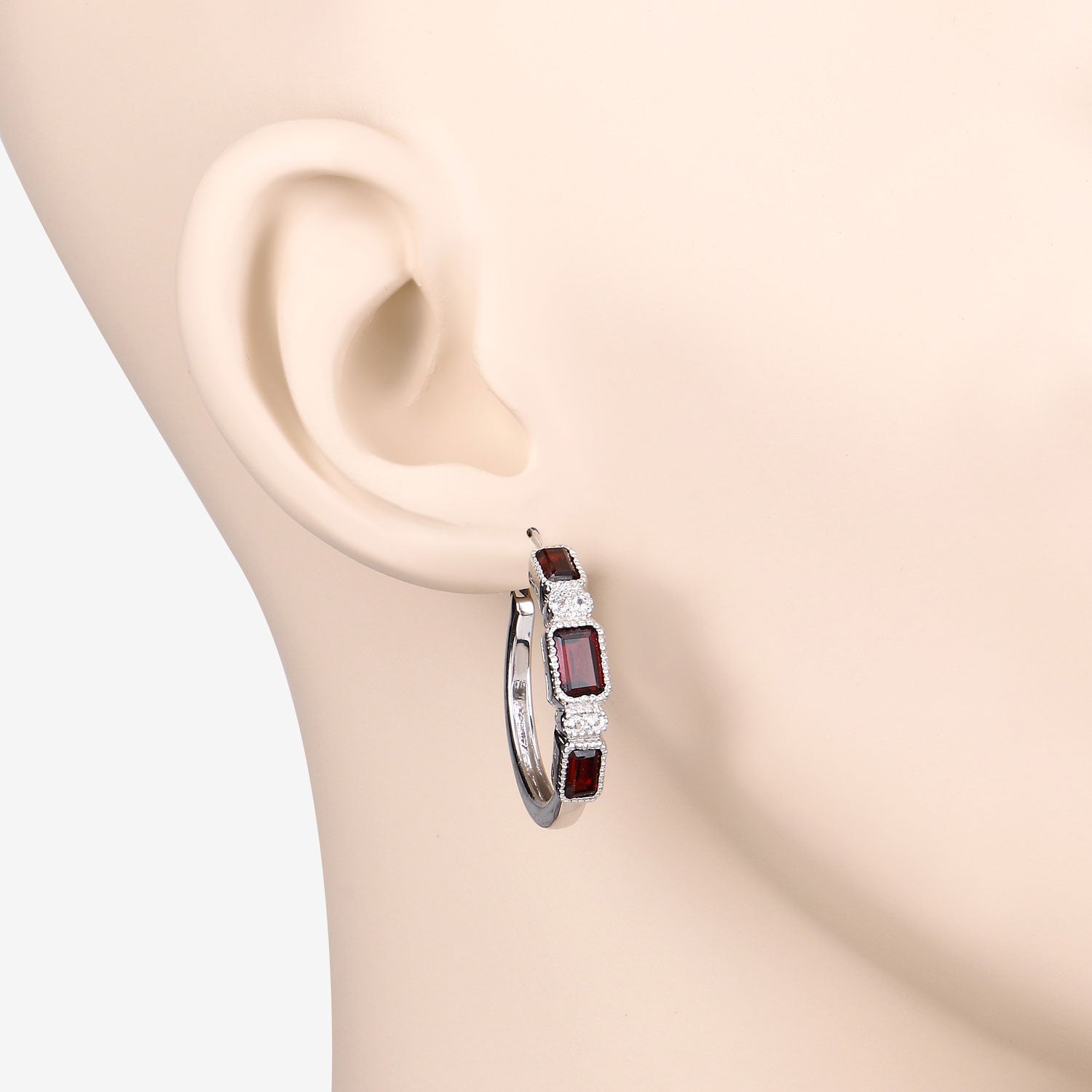 Crimson Luxe Emerald-Cut Hoop Earrings - 2.78 Carat Genuine Garnet and White Topaz - .925 Sterling Silver Earrings