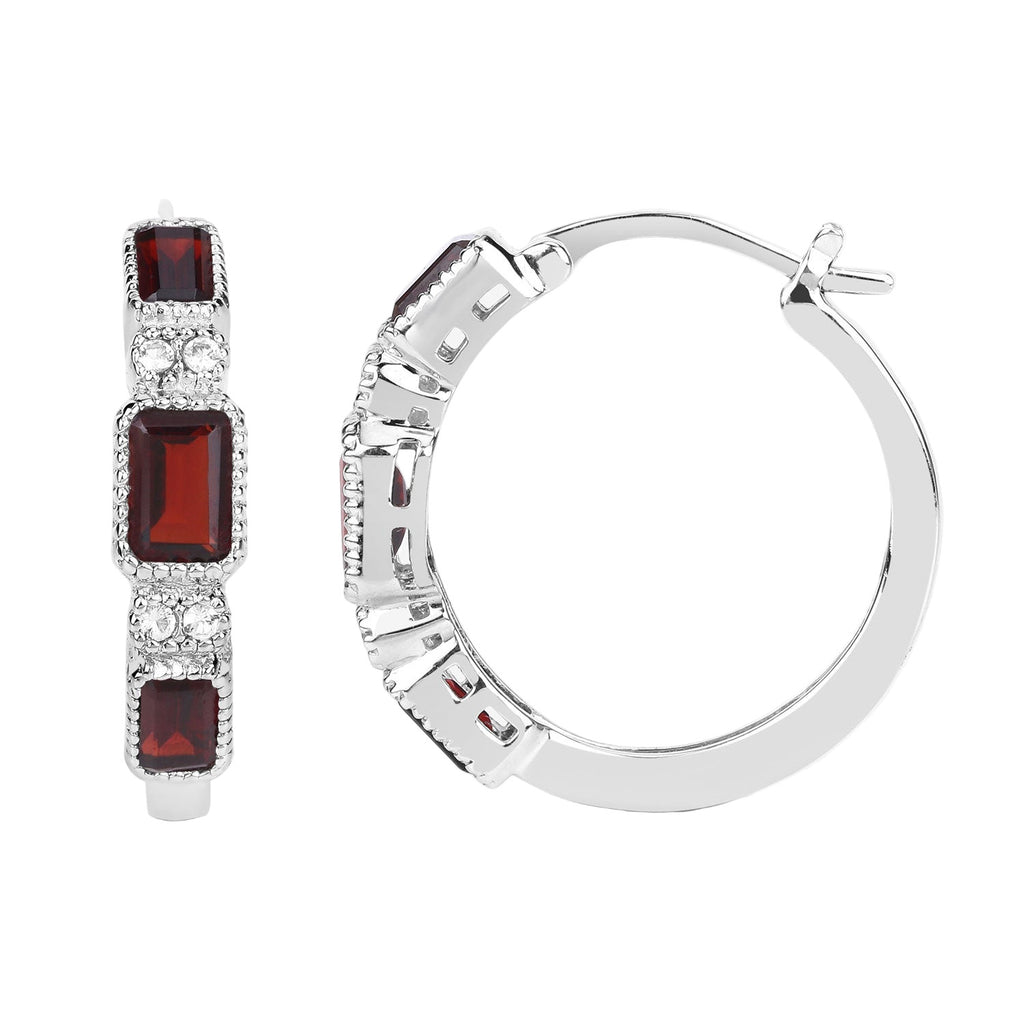 Crimson Luxe Emerald-Cut Hoop Earrings - 2.78 Carat Genuine Garnet and White Topaz - .925 Sterling Silver Earrings