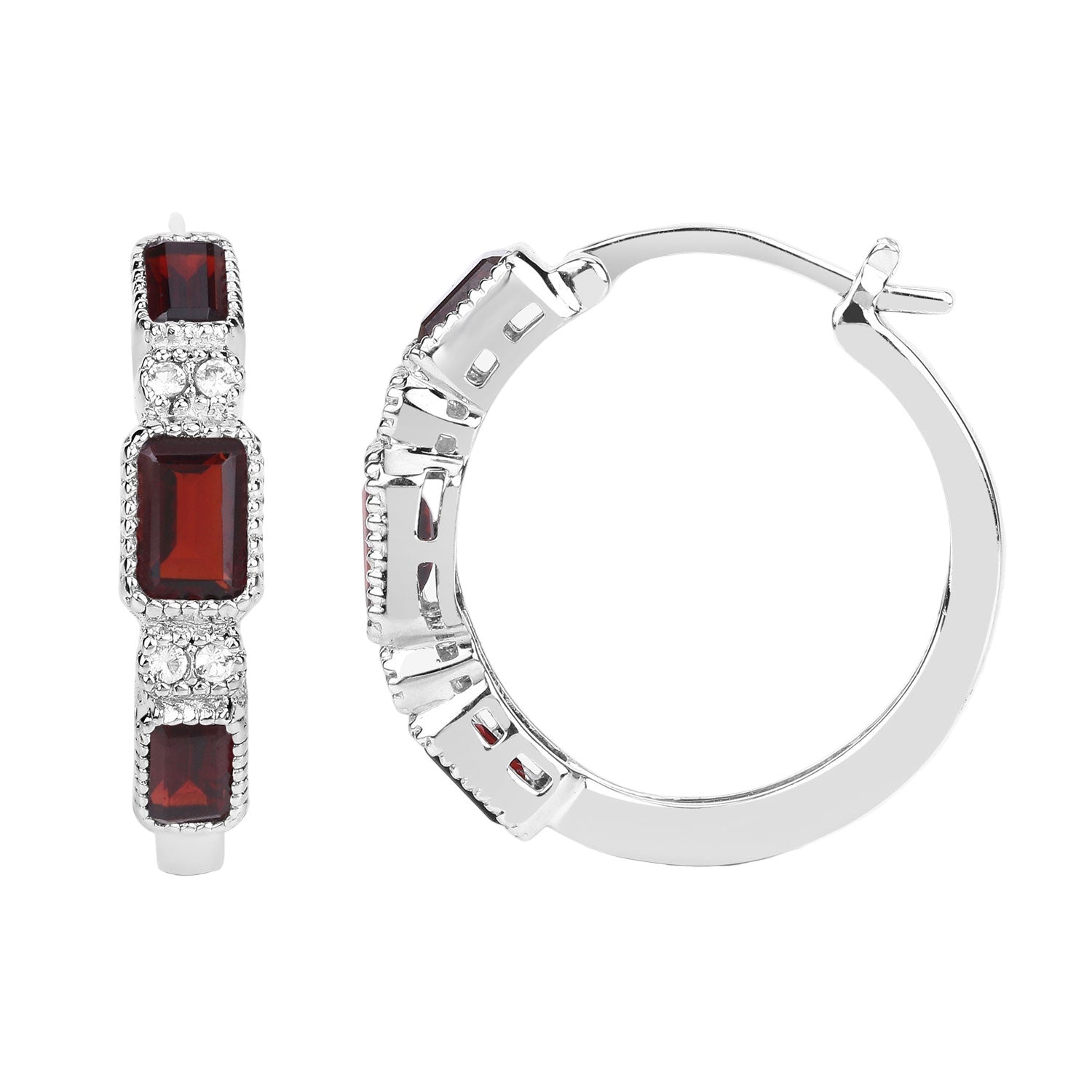 Crimson Luxe Emerald-Cut Hoop Earrings - 2.78 Carat Genuine Garnet and White Topaz - .925 Sterling Silver Earrings