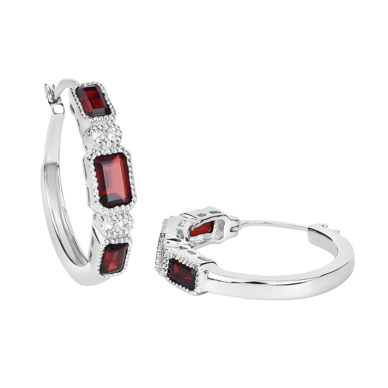Crimson Luxe Emerald-Cut Hoop Earrings - 2.78 Carat Genuine Garnet and White Topaz - .925 Sterling Silver Earrings