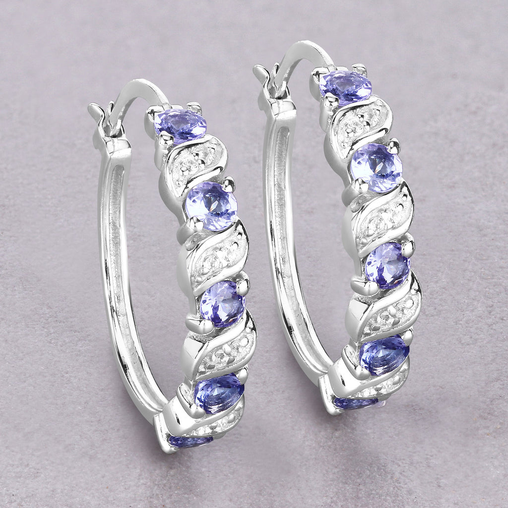 Twilight Whisper Tanzanite Hoop Earrings - 1.08 Carat Genuine Tanzanite and White Topaz - .925 Sterling Silver Earrings