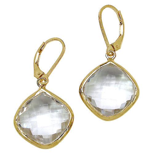 Flashpoint Cushion Cut Crystal Earrings - 23.86 Carat Genuine Crystal Quartz - 14K Yellow Gold Plated .925 Sterling Silver