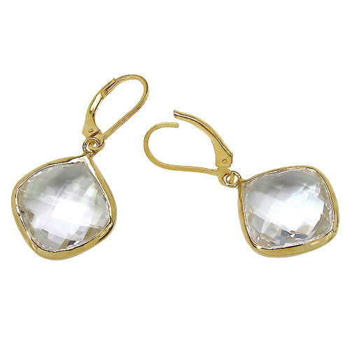 Flashpoint Cushion Cut Crystal Earrings - 23.86 Carat Genuine Crystal Quartz - 14K Yellow Gold Plated .925 Sterling Silver