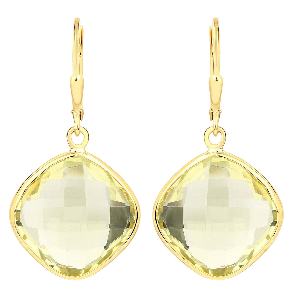 Golden Glow Cushion-Cut Lemon Quartz Drop Earrings - 21.40 Carat Genuine Lemon Quartz - 18K Yellow Gold Plated .925 Sterling Silver Earrings