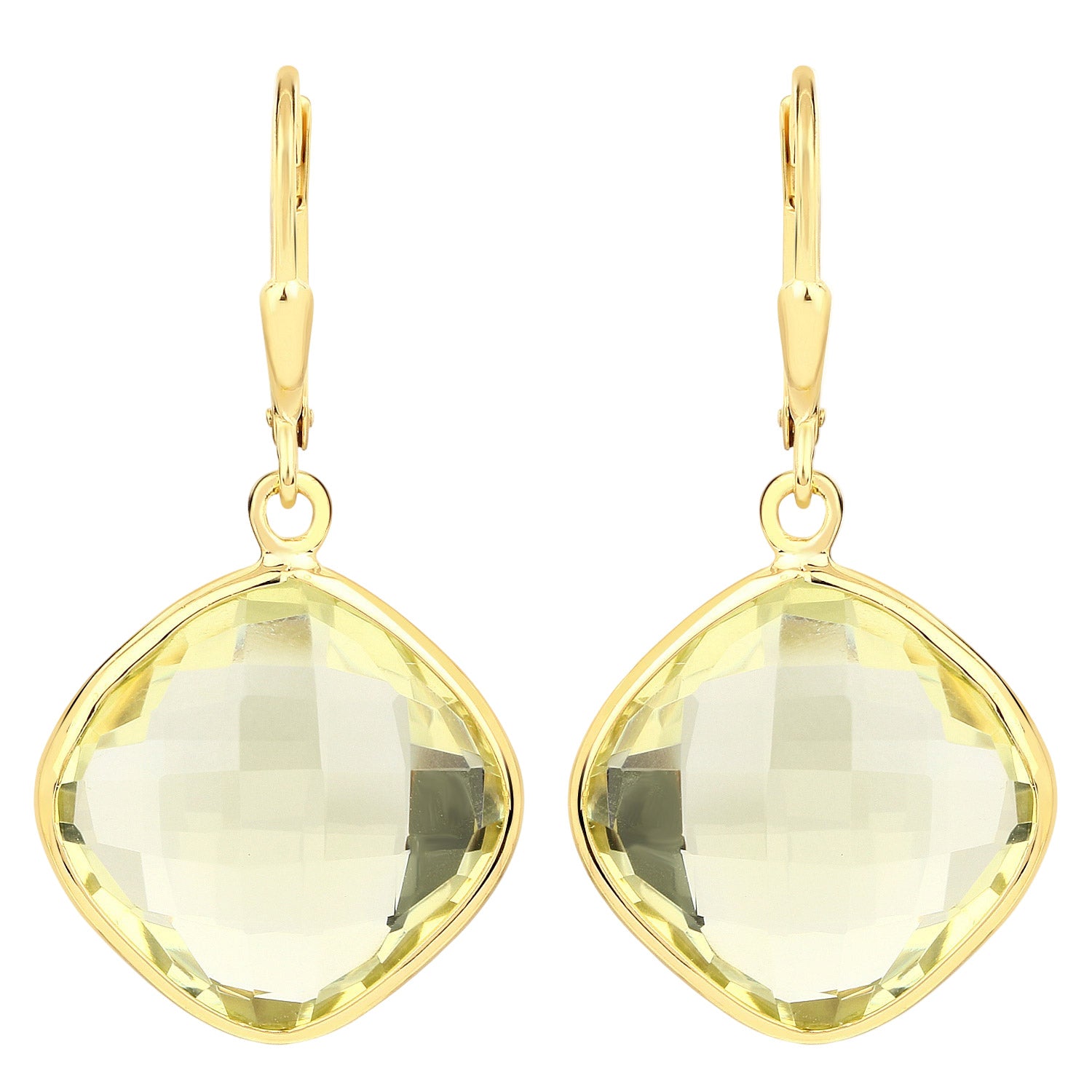Golden Glow Cushion-Cut Lemon Quartz Drop Earrings - 21.40 Carat Genuine Lemon Quartz - 18K Yellow Gold Plated .925 Sterling Silver Earrings