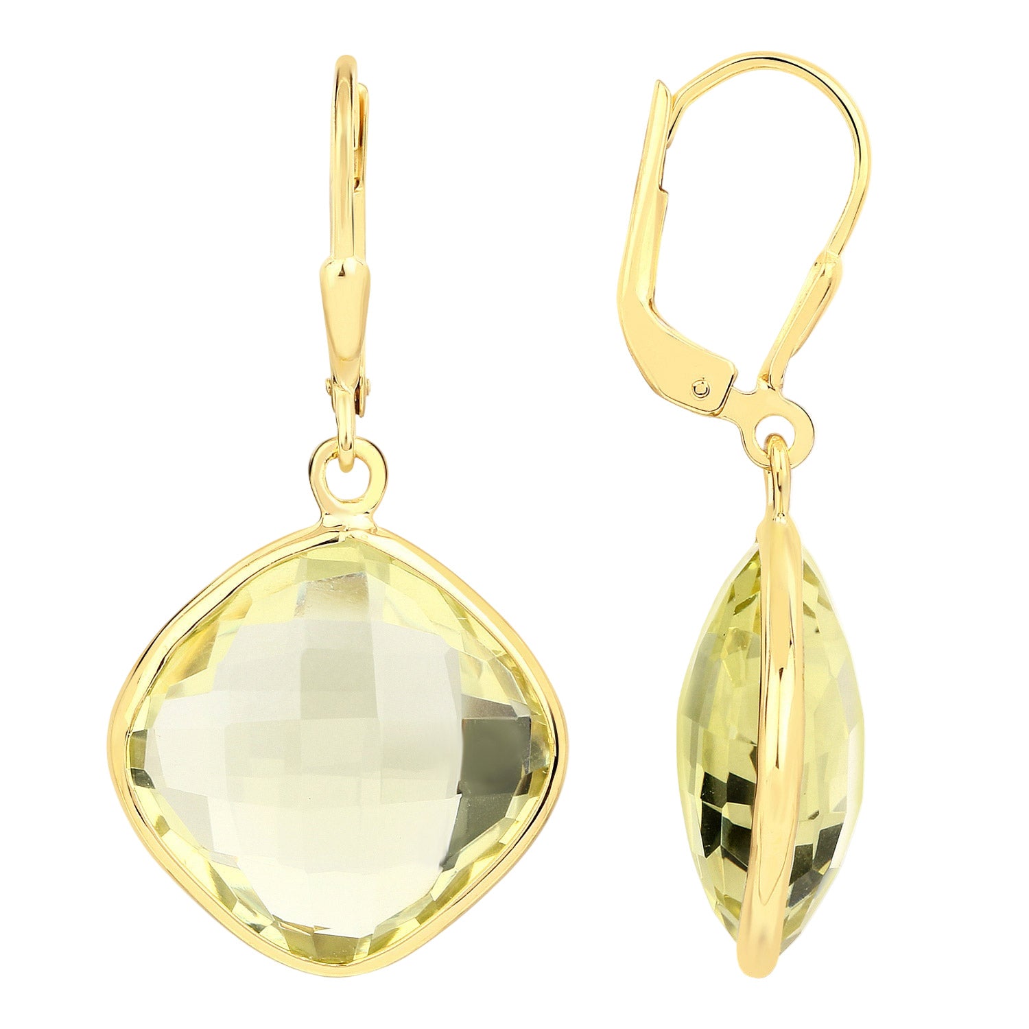 Golden Glow Cushion-Cut Lemon Quartz Drop Earrings - 21.40 Carat Genuine Lemon Quartz - 18K Yellow Gold Plated .925 Sterling Silver Earrings