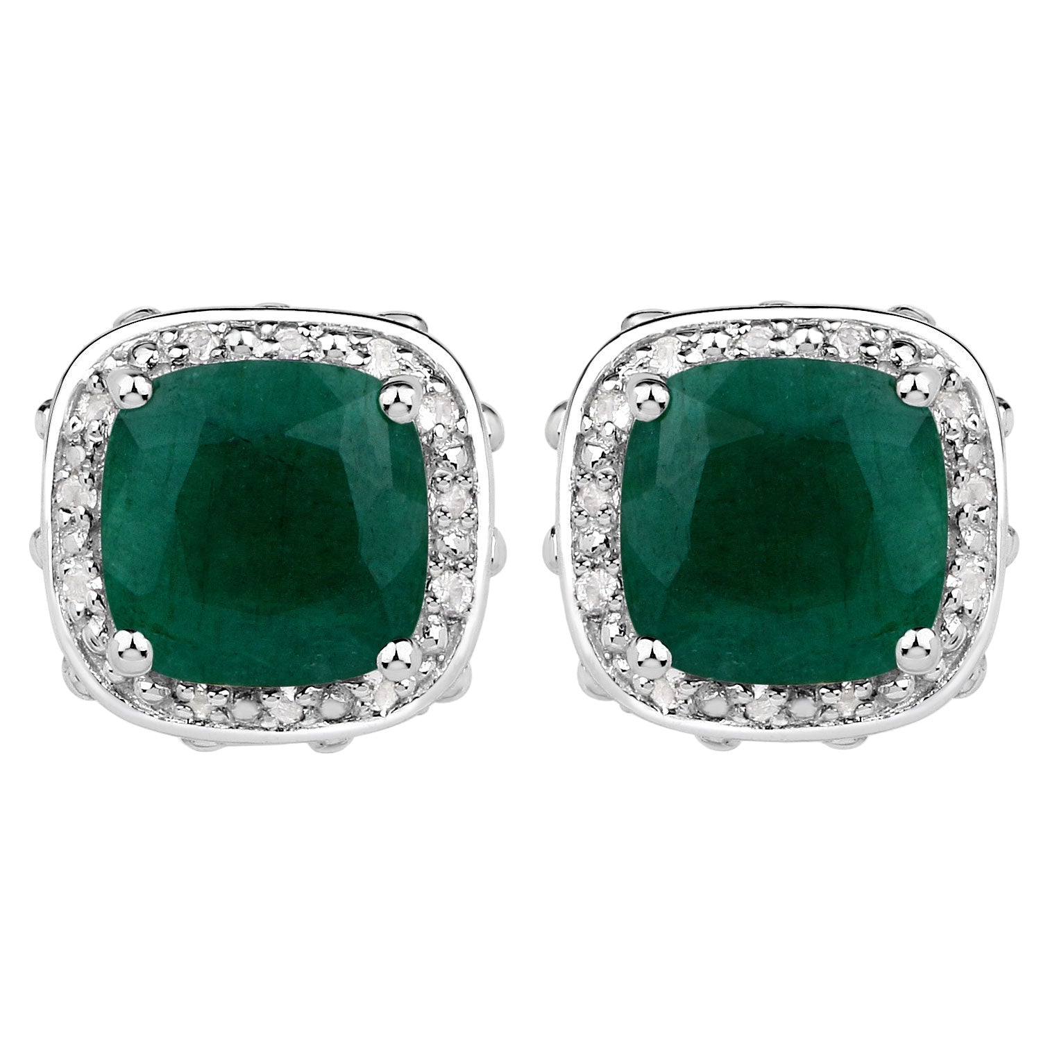Emerald Envy Cushion Halo Stud Earrings - 5.00 Carat Dyed Emerald, Emerald and White Topaz - .925 Sterling Silver Earrings