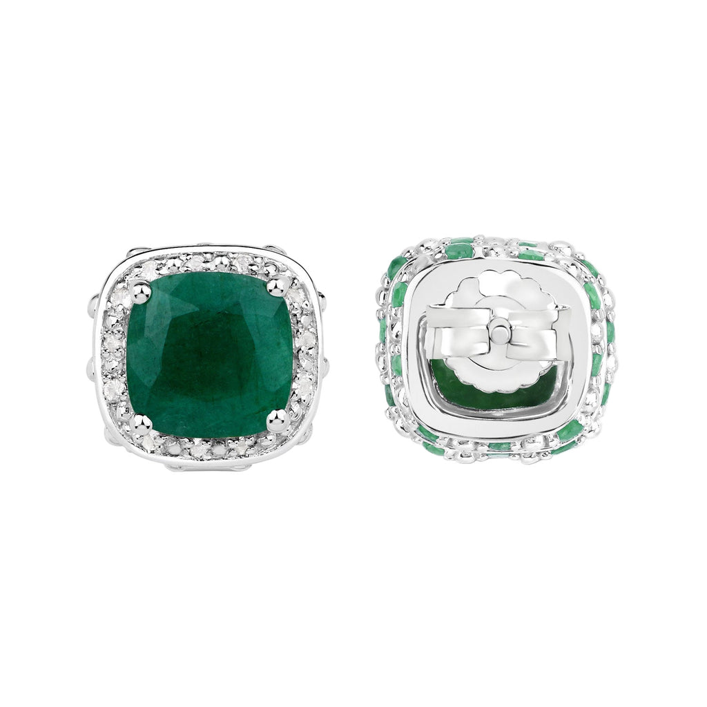 Emerald Envy Cushion Halo Stud Earrings - 5.00 Carat Dyed Emerald, Emerald and White Topaz - .925 Sterling Silver Earrings