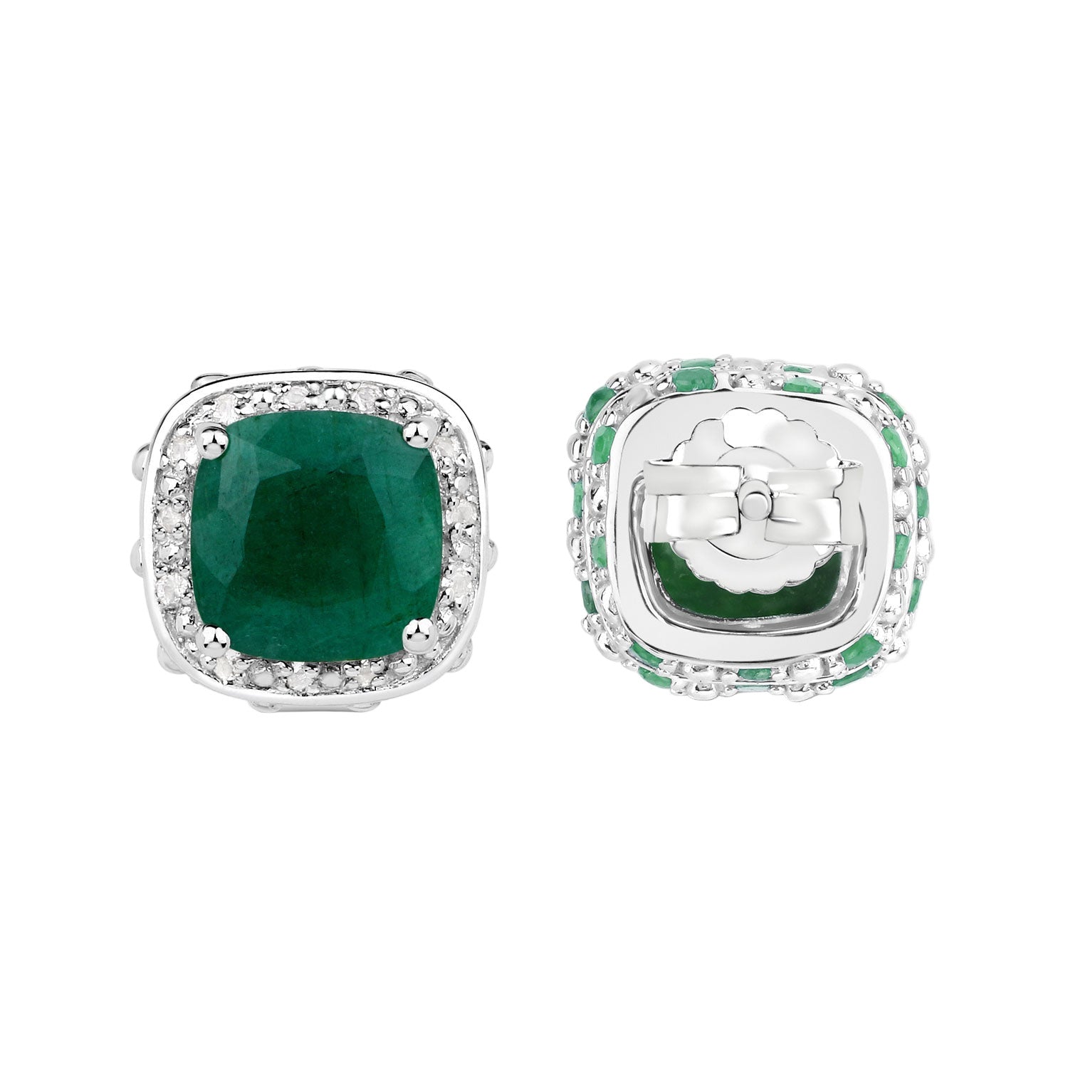 Emerald Envy Cushion Halo Stud Earrings - 5.00 Carat Dyed Emerald, Emerald and White Topaz - .925 Sterling Silver Earrings