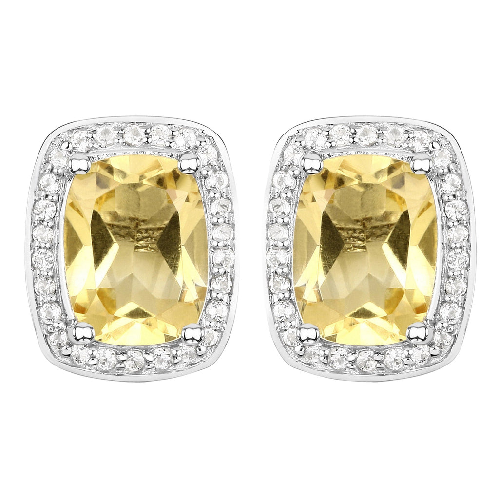 Luxe Aura Cushion-Cut Stud Earrings - 2.81 Carat Genuine Citrine and White Topaz - 18K White Gold Plated .925 Sterling Silver