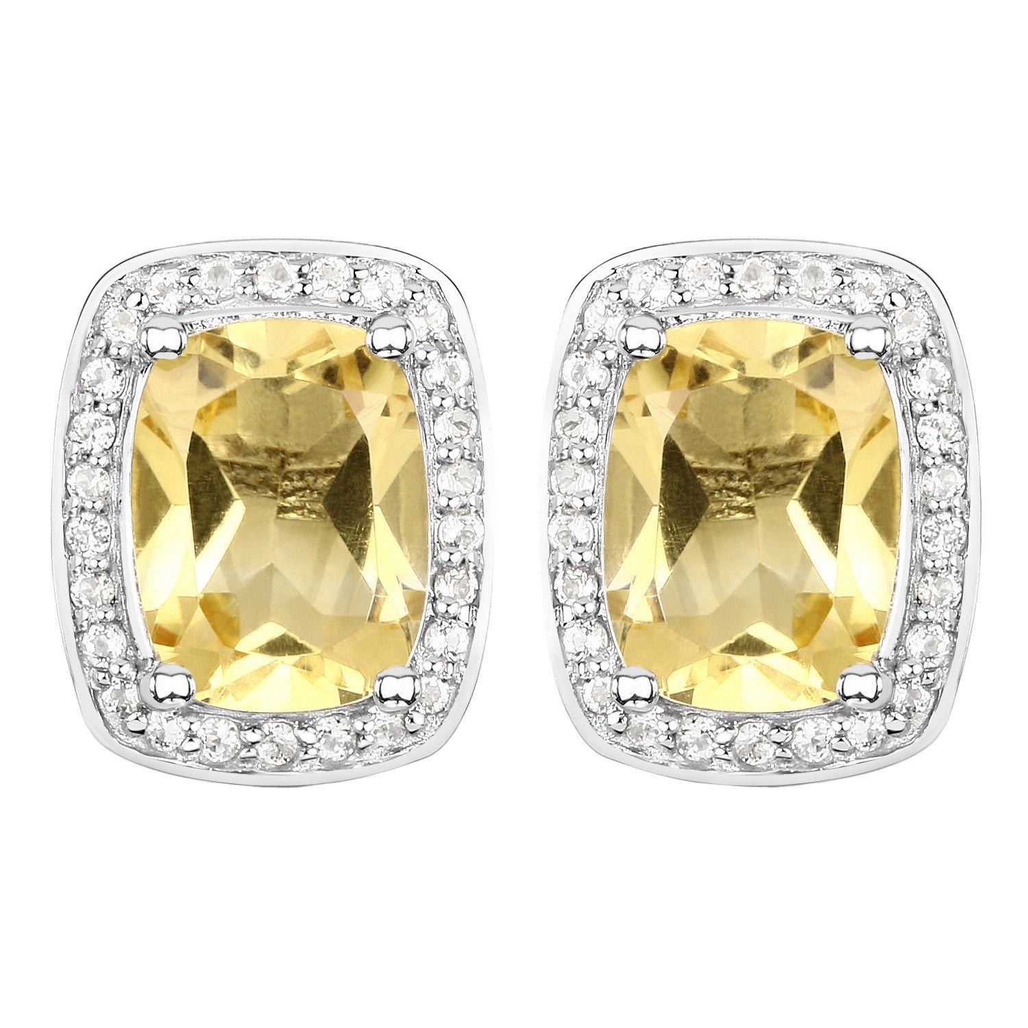 Luxe Aura Cushion-Cut Stud Earrings - 2.81 Carat Genuine Citrine and White Topaz - 18K White Gold Plated .925 Sterling Silver