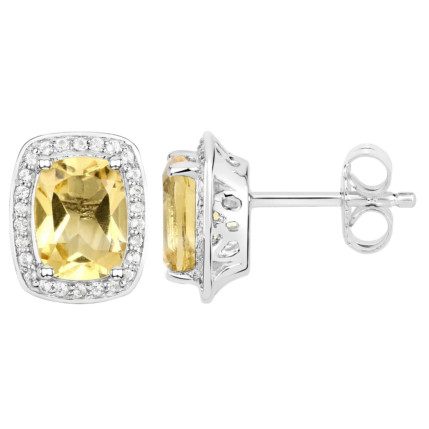 Luxe Aura Cushion-Cut Stud Earrings - 2.81 Carat Genuine Citrine and White Topaz - 18K White Gold Plated .925 Sterling Silver