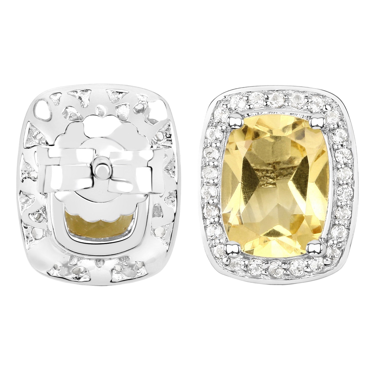 Luxe Aura Cushion-Cut Stud Earrings - 2.81 Carat Genuine Citrine and White Topaz - 18K White Gold Plated .925 Sterling Silver