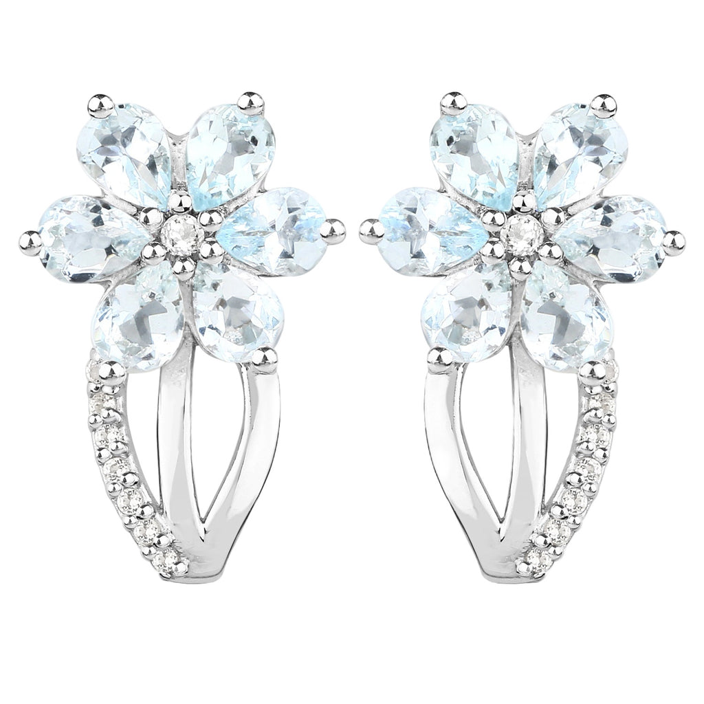 Frosted Bloom Aquamarine Stud Earrings - 1.54 Carat Genuine Aquamarine and White Topaz - .925 Sterling Silver Earrings