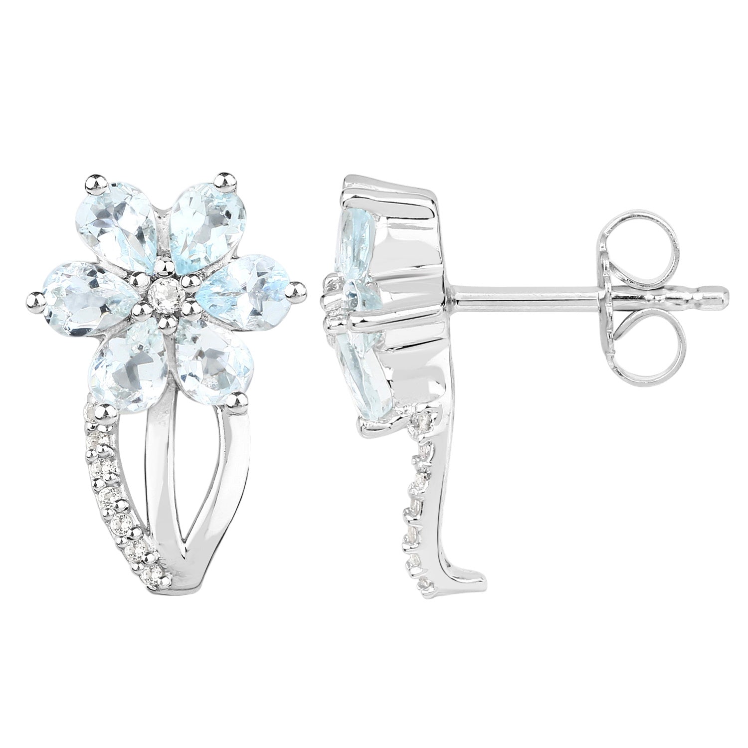 Frosted Bloom Aquamarine Stud Earrings - 1.54 Carat Genuine Aquamarine and White Topaz - .925 Sterling Silver Earrings