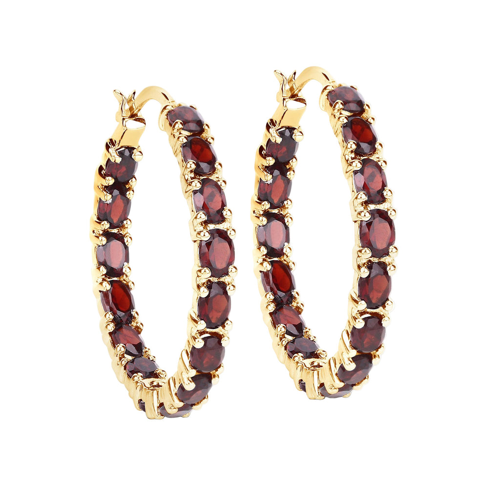 Crimson Inferno Hoop Earrings - 6.00 Carat Genuine Garnet - 14K Yellow Gold Plated .925 Sterling Silver Earrings