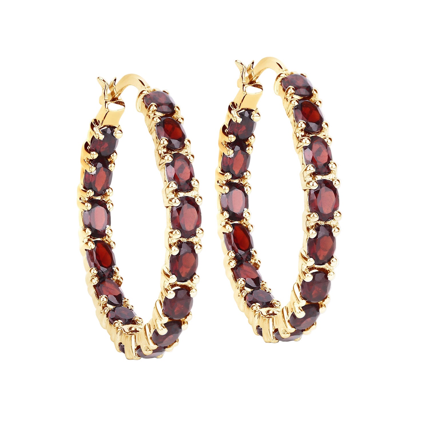 Crimson Inferno Hoop Earrings - 6.00 Carat Genuine Garnet - 14K Yellow Gold Plated .925 Sterling Silver Earrings