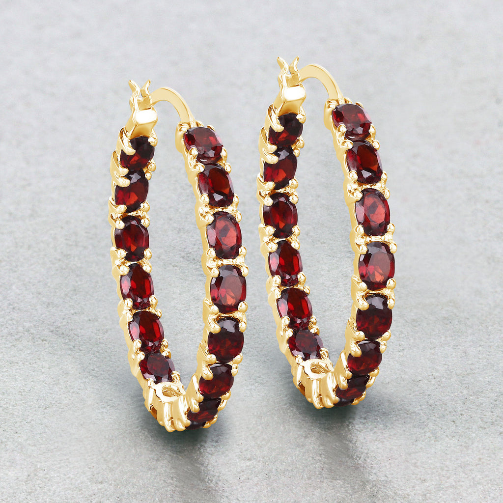 Crimson Inferno Hoop Earrings - 6.00 Carat Genuine Garnet - 14K Yellow Gold Plated .925 Sterling Silver Earrings