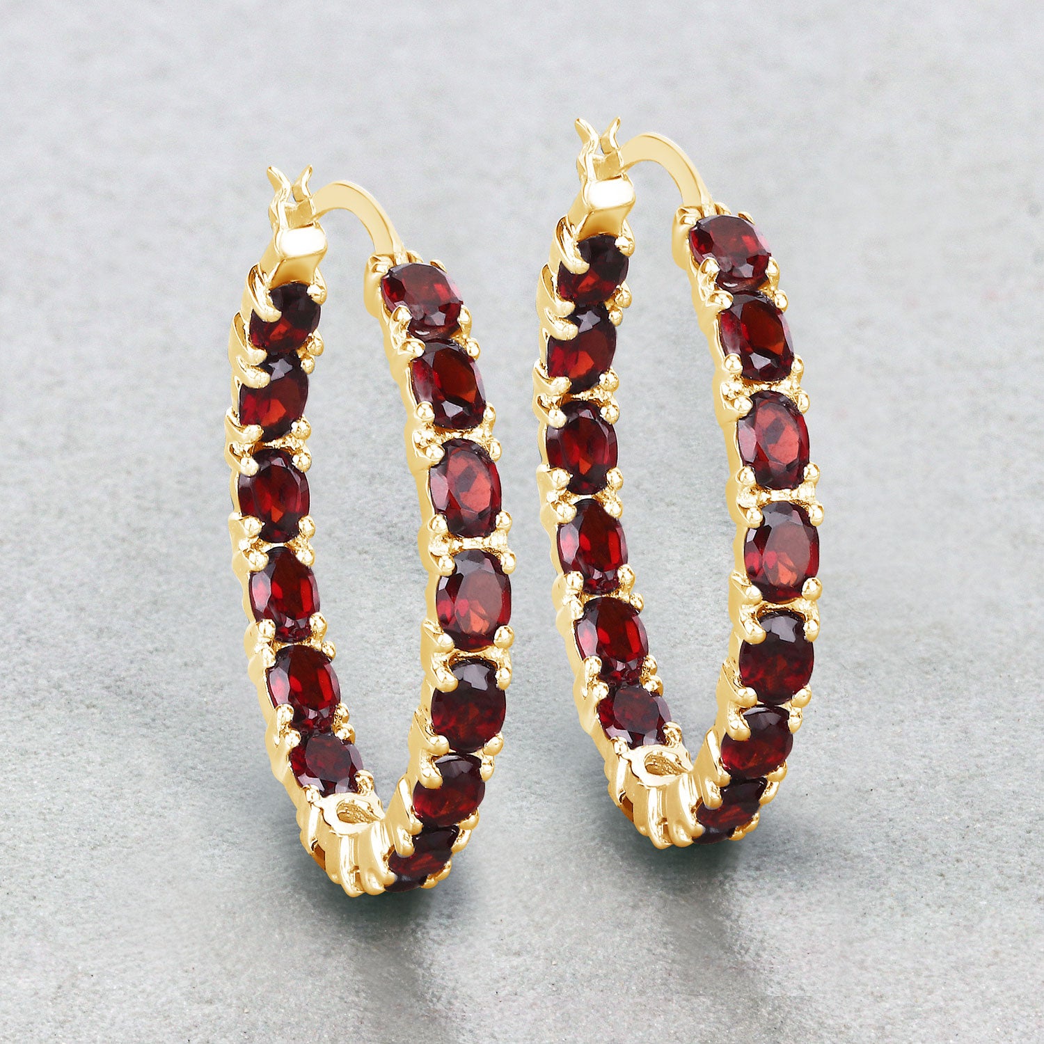 Crimson Inferno Hoop Earrings - 6.00 Carat Genuine Garnet - 14K Yellow Gold Plated .925 Sterling Silver Earrings